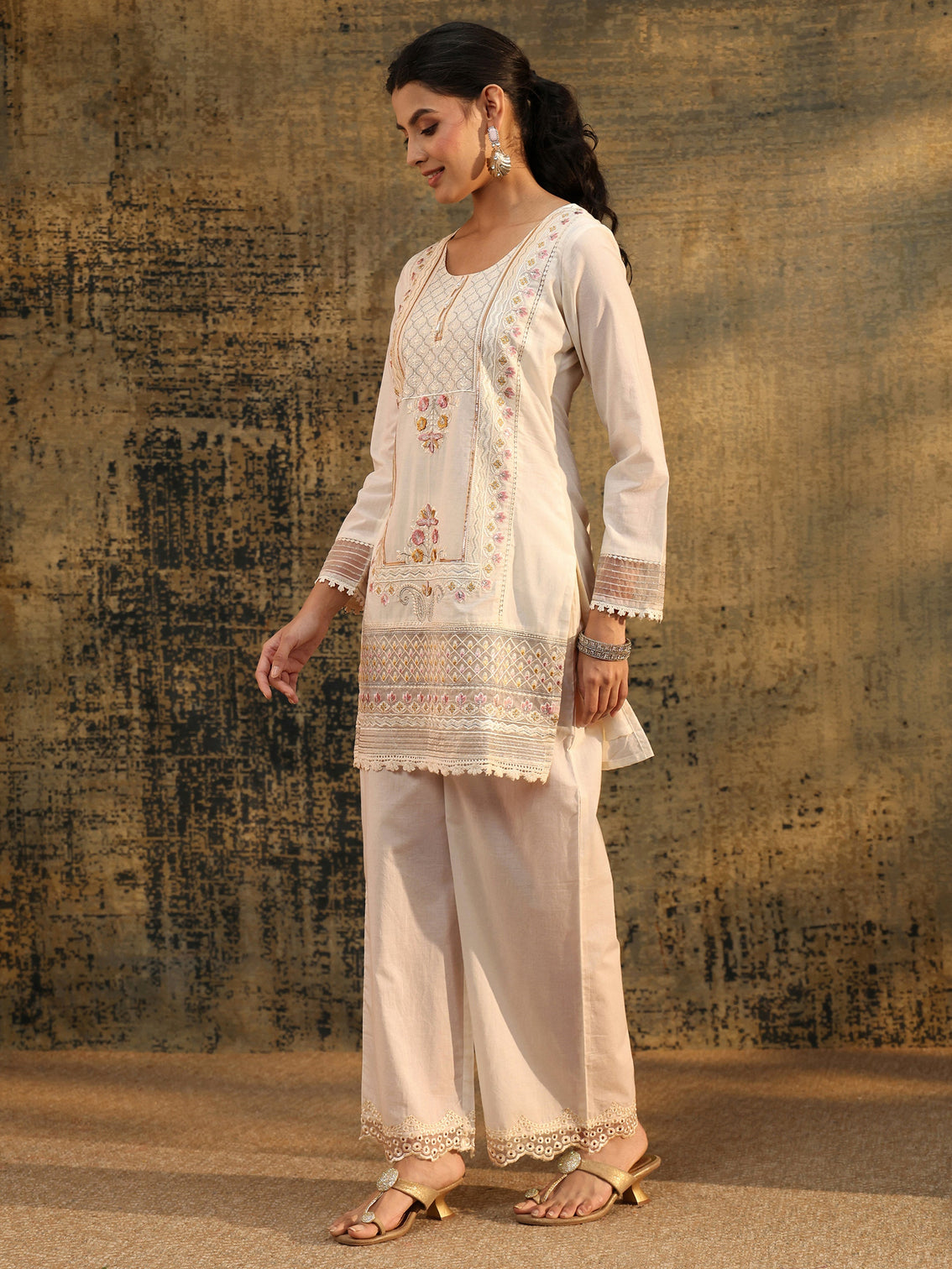 Mameraa Ivory Embroidered Cotton Short Kurta Pant Suit Set