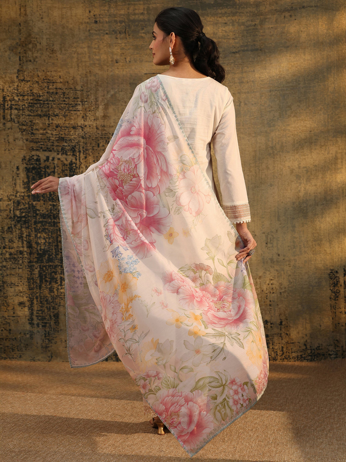 Mameraa Ivory Embroidered Cotton Short Kurta Pant Suit Set