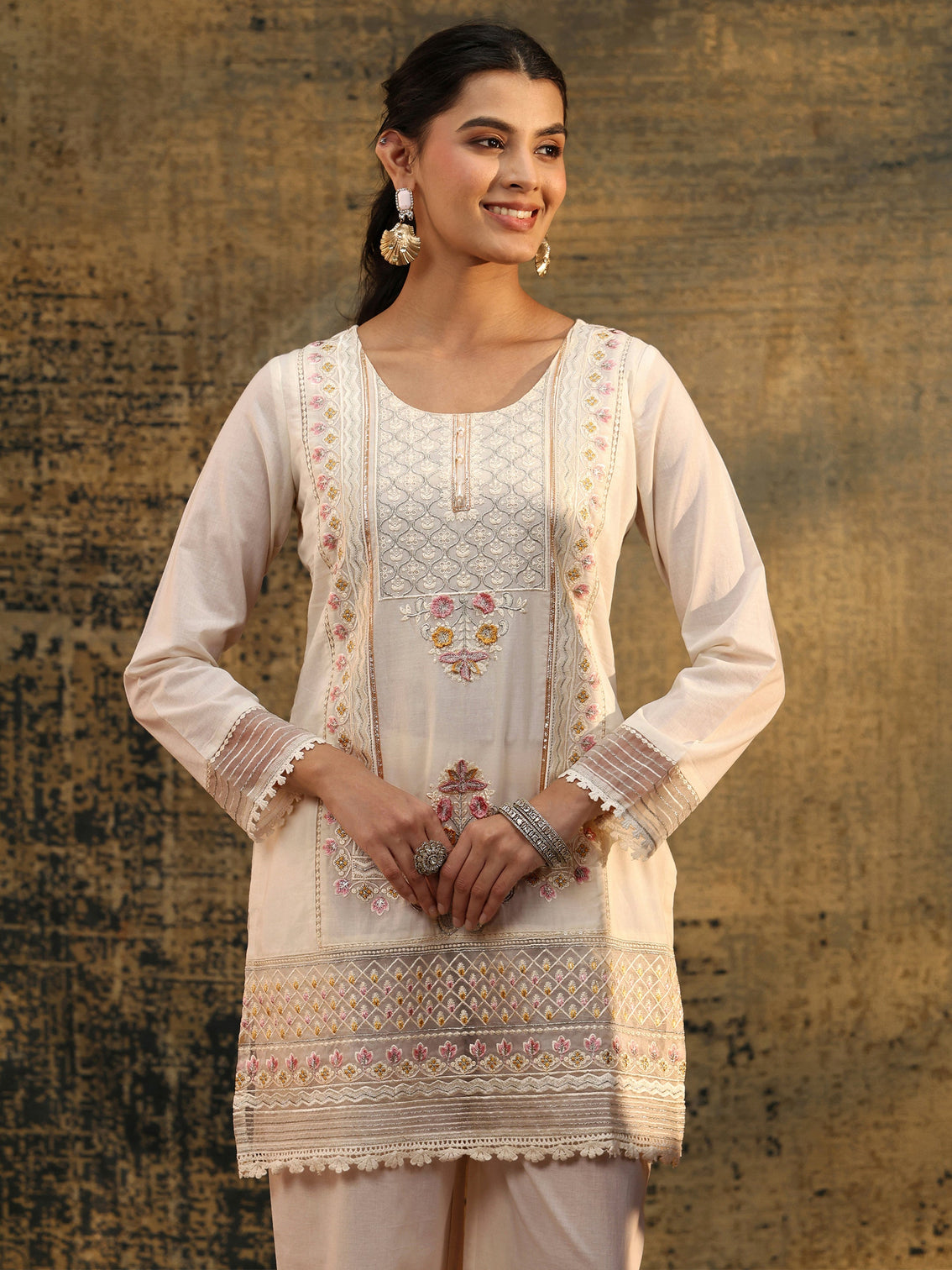 Mameraa Ivory Embroidered Cotton Short Kurta Pant Suit Set