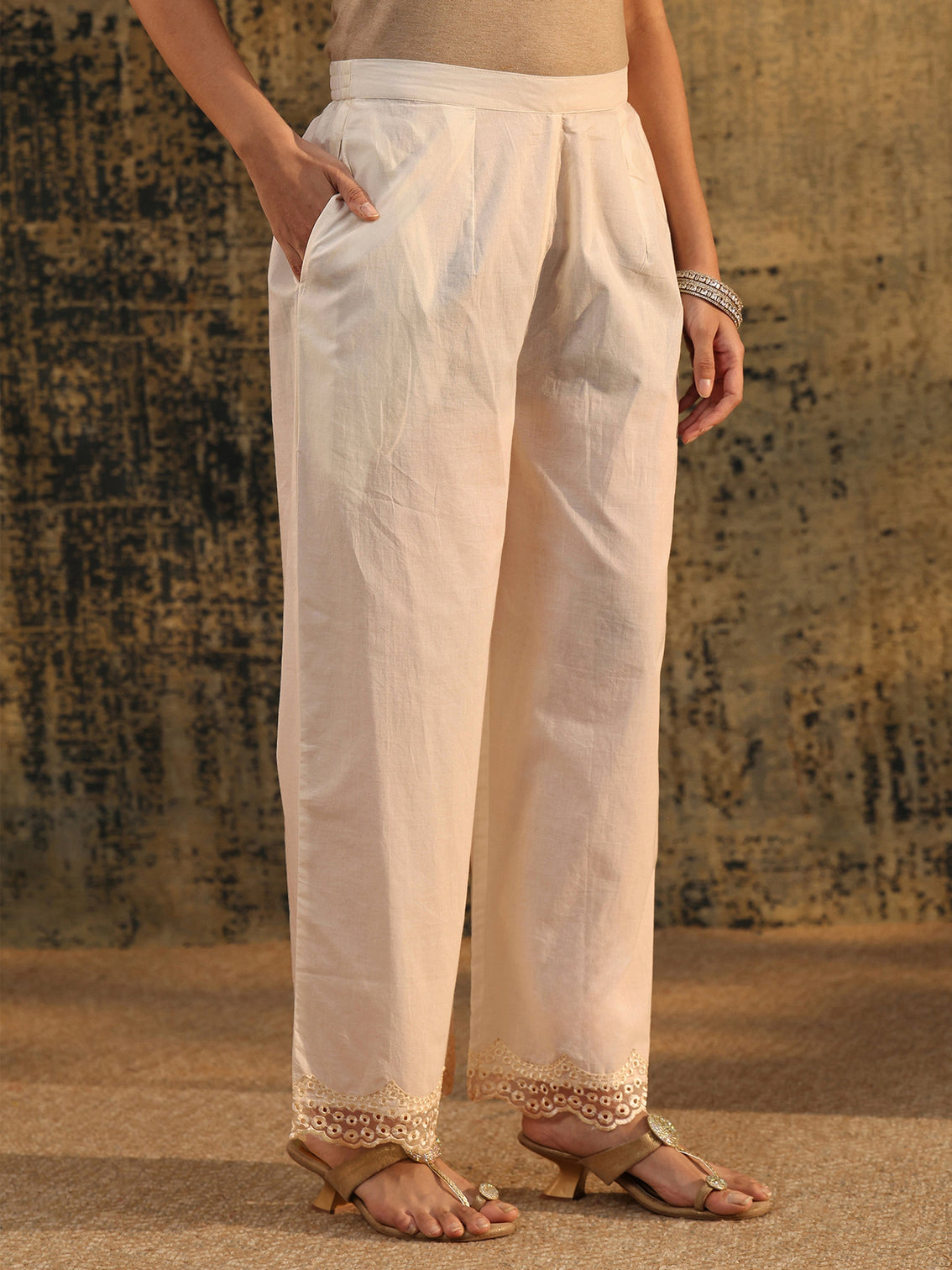 Mameraa Ivory Embroidered Cotton Short Kurta Pant Suit Set