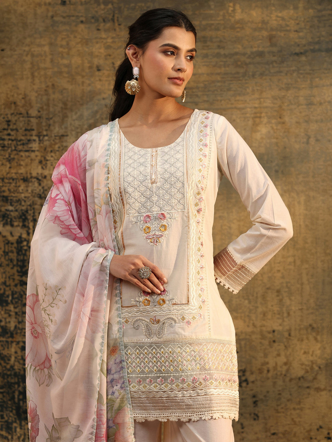 Mameraa Ivory Embroidered Cotton Short Kurta Pant Suit Set
