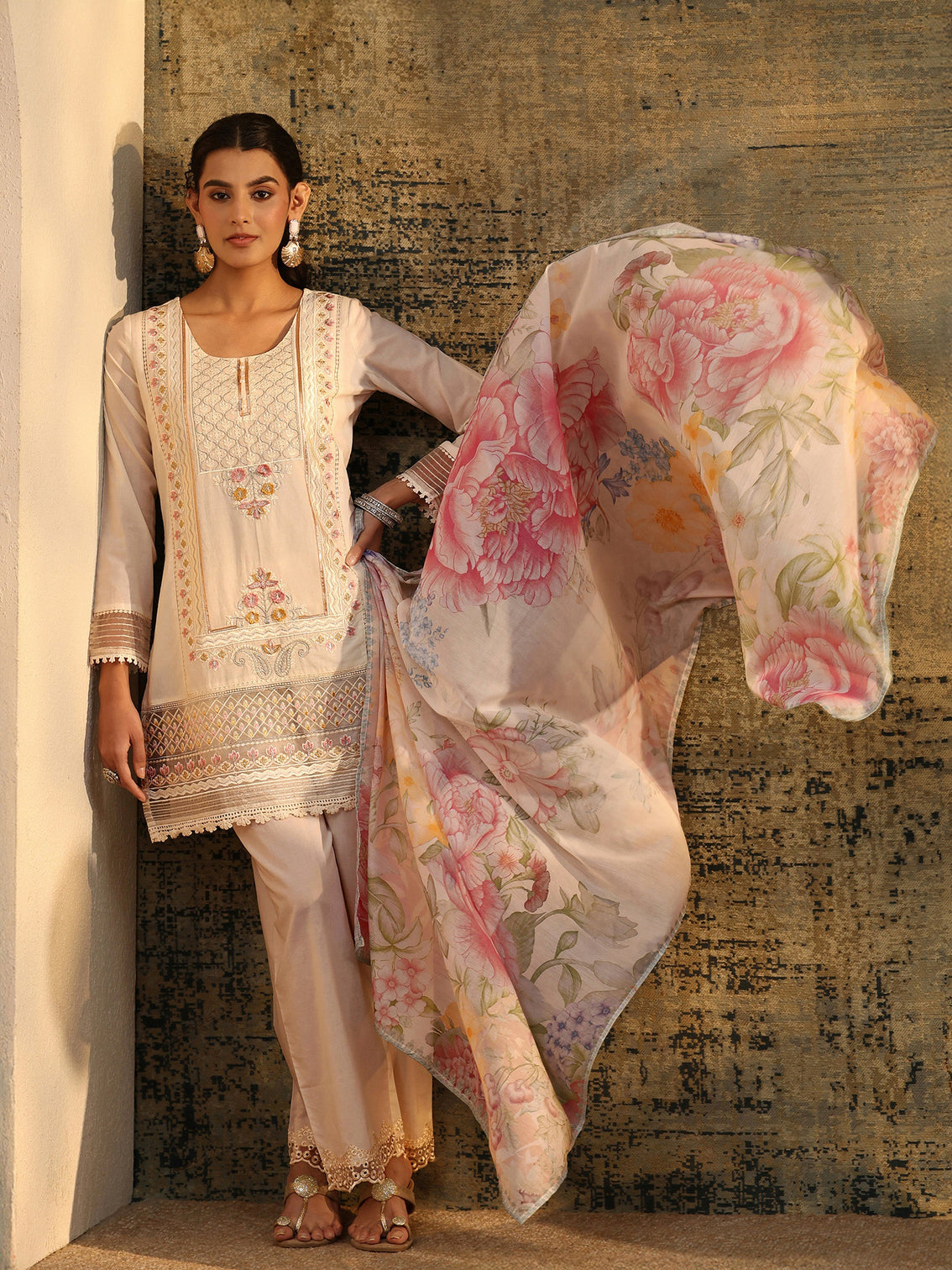 Mameraa Ivory Embroidered Cotton Short Kurta Pant Suit Set