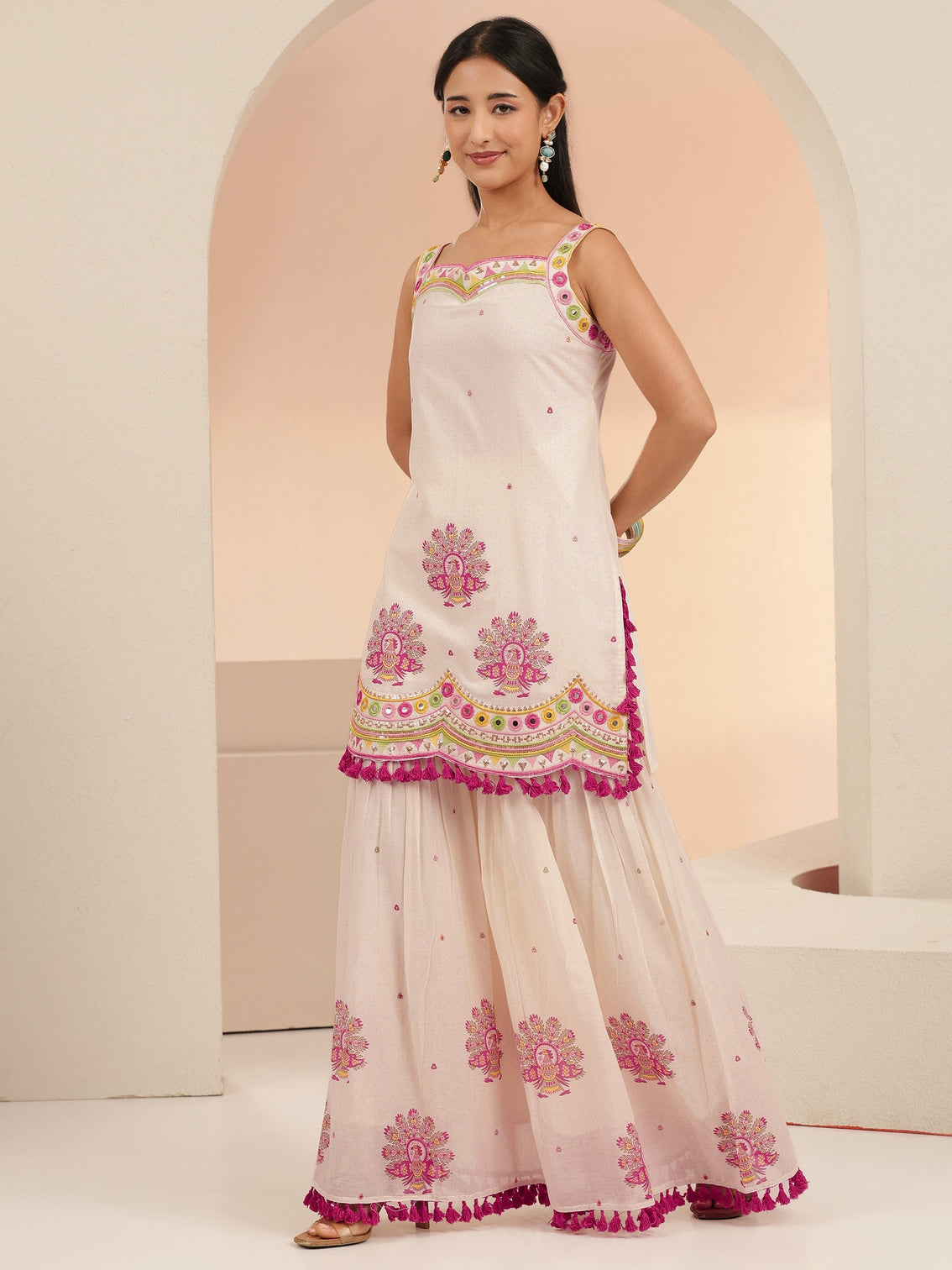 Mameraa Off White Printed Cotton Sharara Suit Set with Tassel Details
