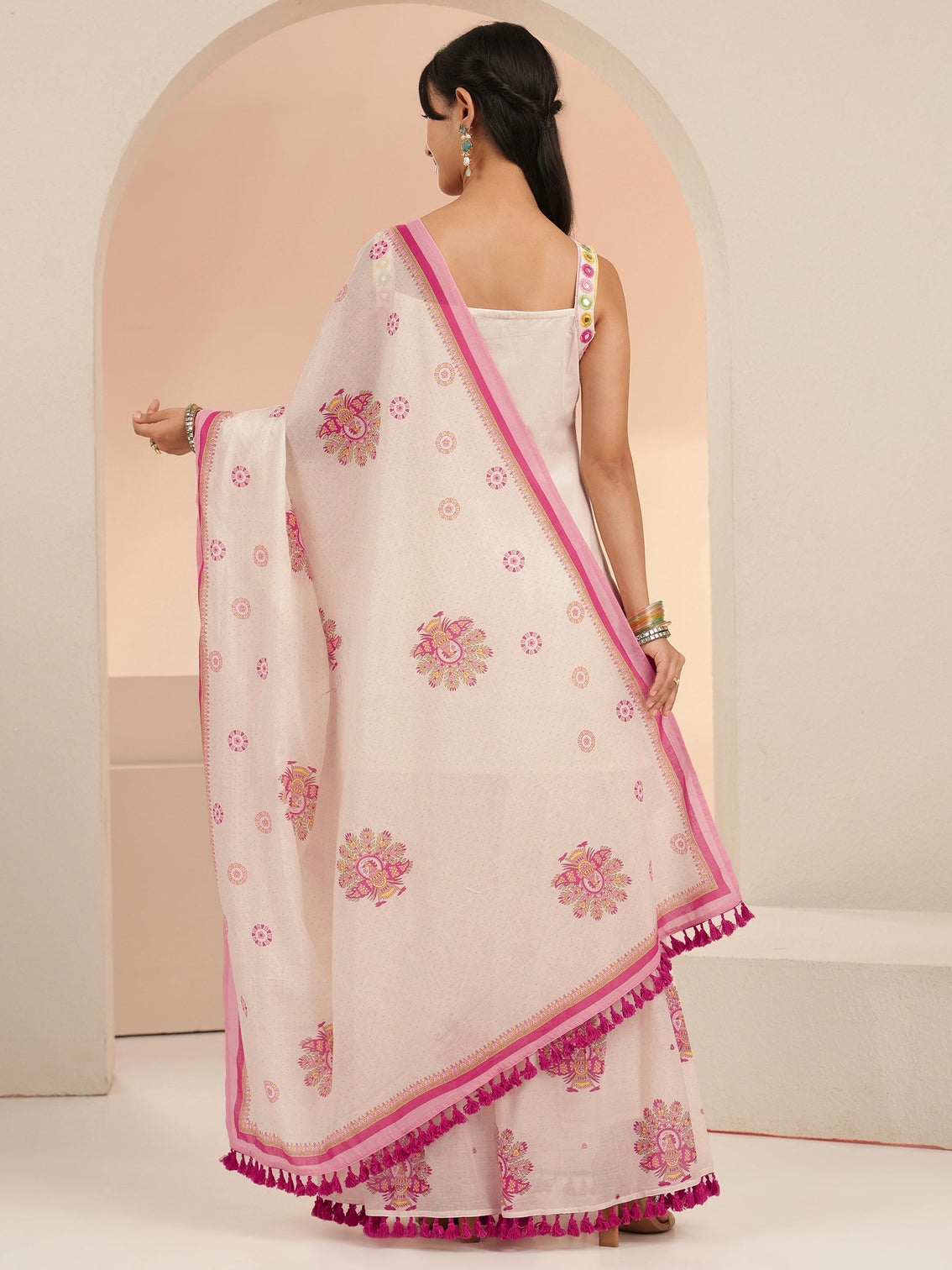 Mameraa Off White Printed Cotton Sharara Suit Set with Tassel Details