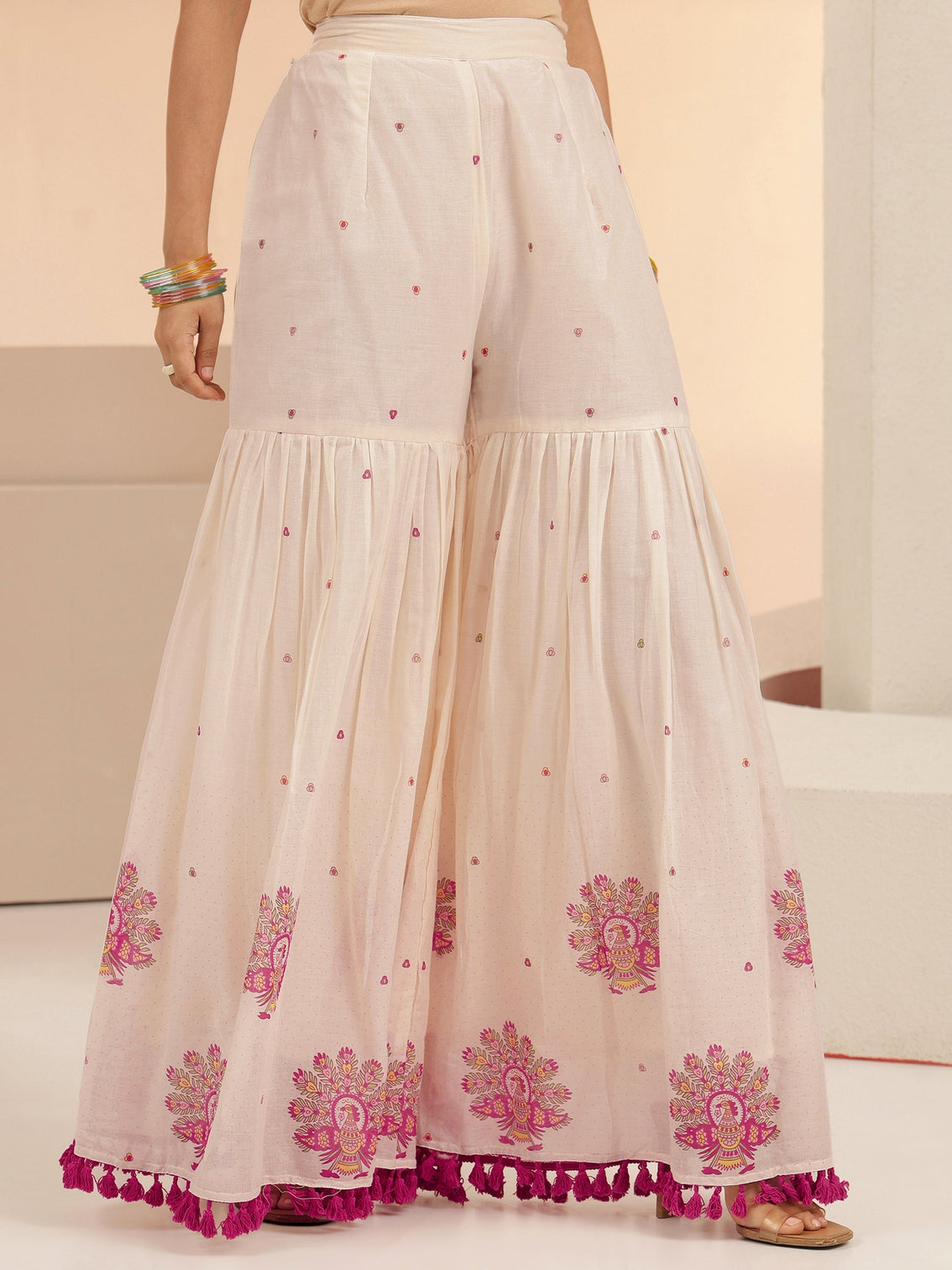 Mameraa Off White Printed Cotton Sharara Suit Set with Tassel Details