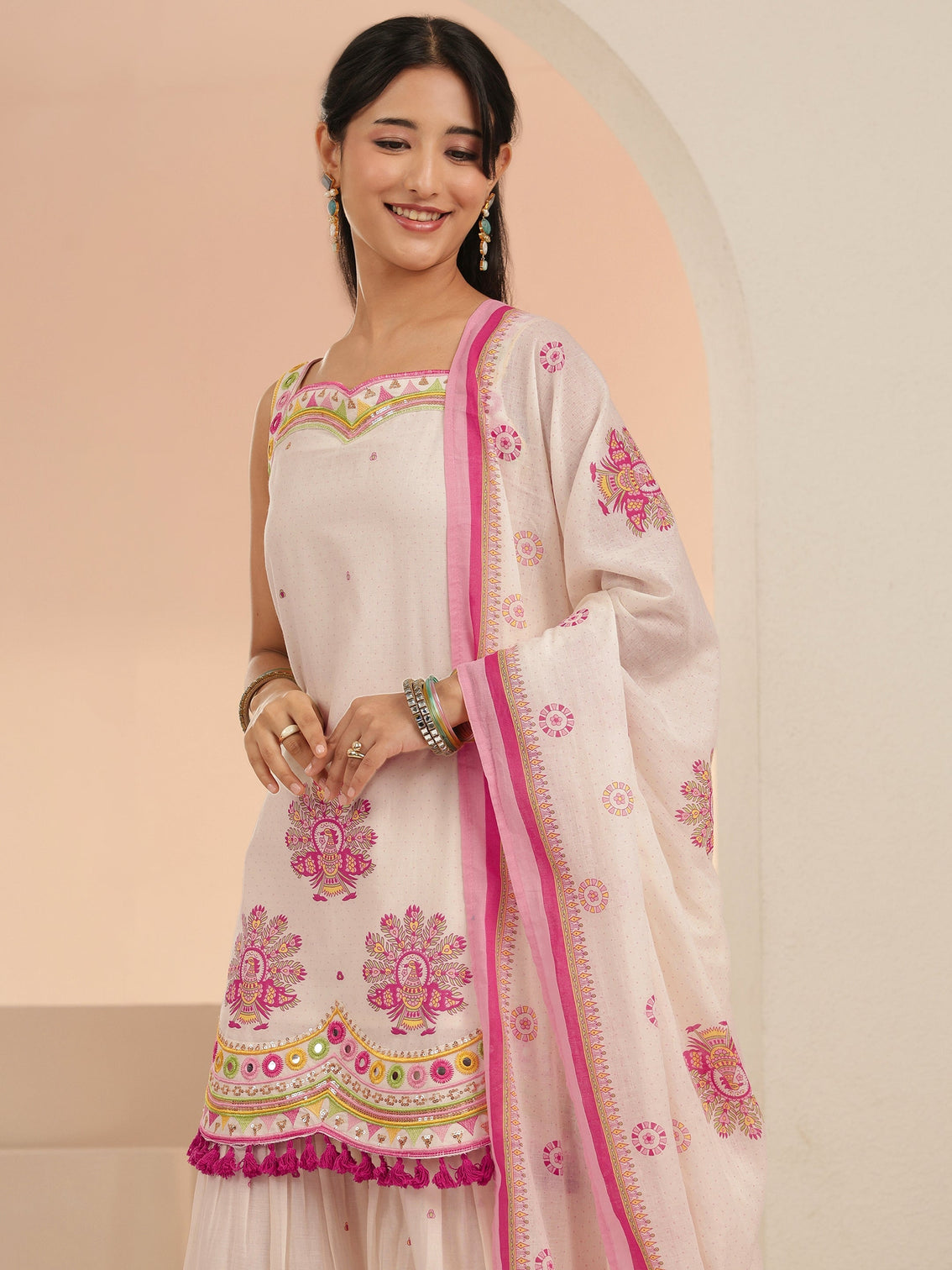 Mameraa Off White Printed Cotton Sharara Suit Set with Tassel Details