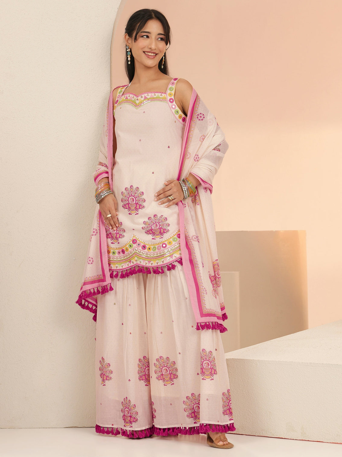 Mameraa Off White Printed Cotton Sharara Suit Set with Tassel Details
