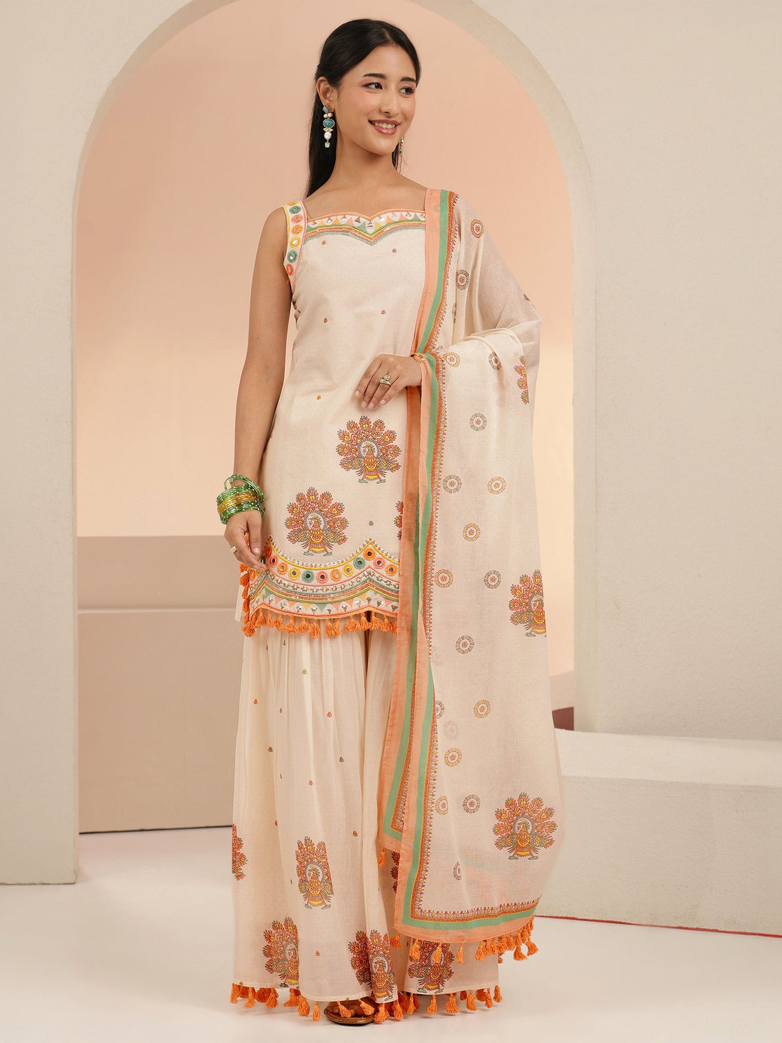 Mameraa Off White Printed Cotton Sharara Suit Set with Tassel Details