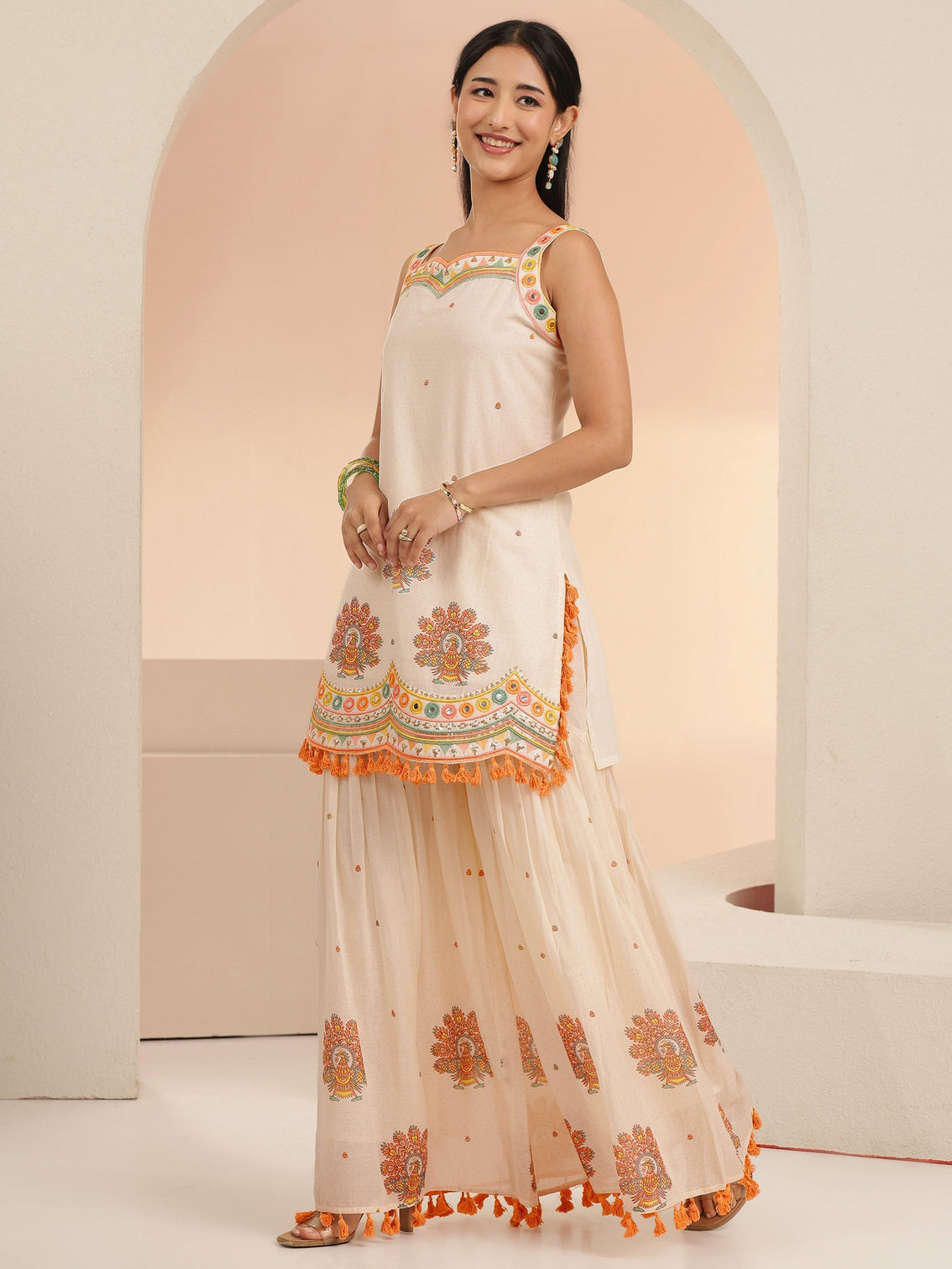Mameraa Off White Printed Cotton Sharara Suit Set with Tassel Details