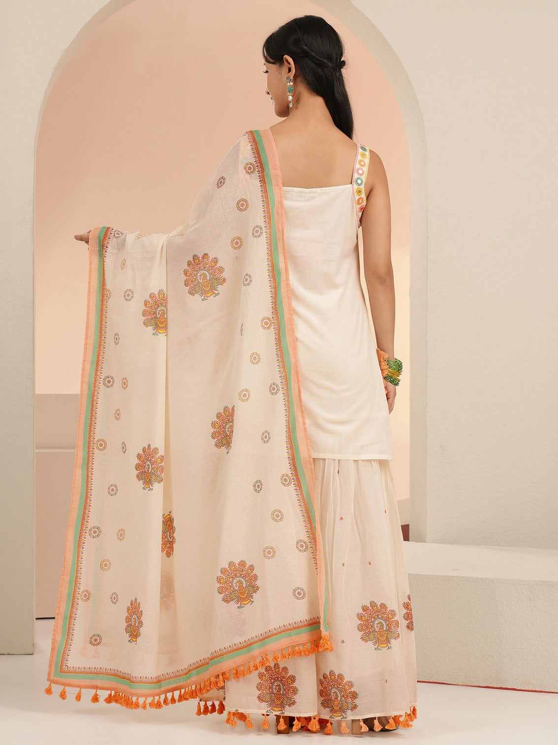 Mameraa Off White Printed Cotton Sharara Suit Set with Tassel Details