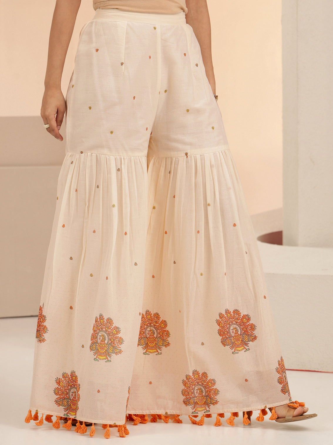 Mameraa Off White Printed Cotton Sharara Suit Set with Tassel Details