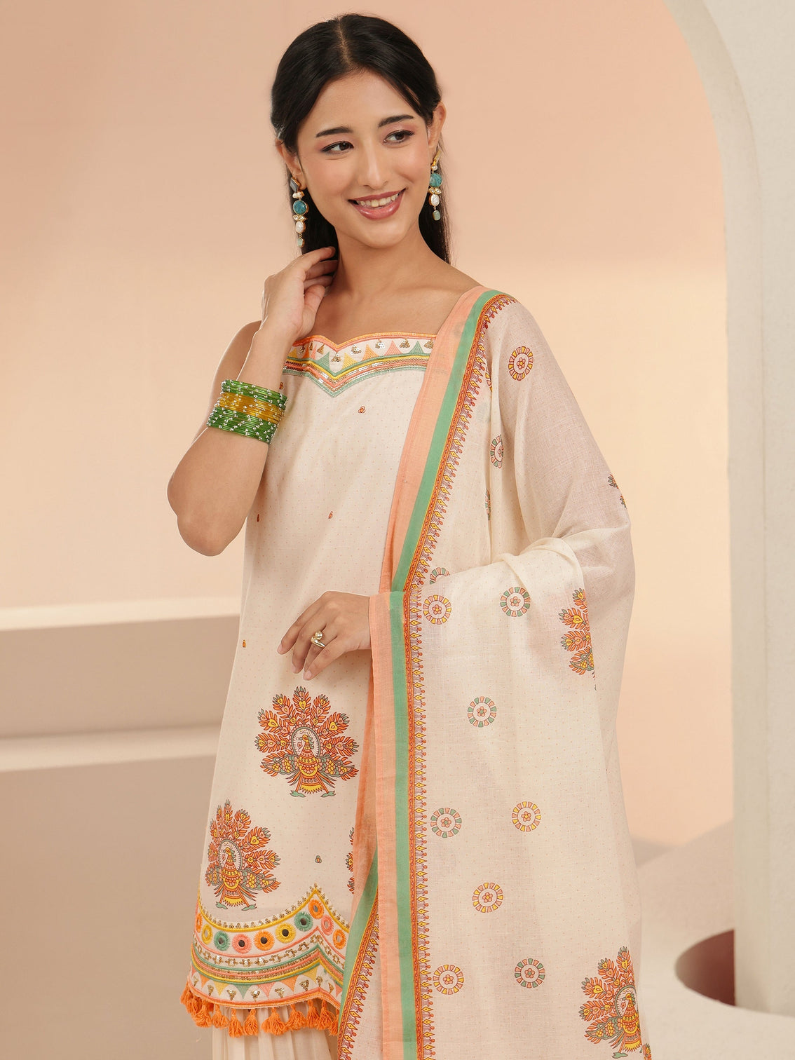 Mameraa Off White Printed Cotton Sharara Suit Set with Tassel Details