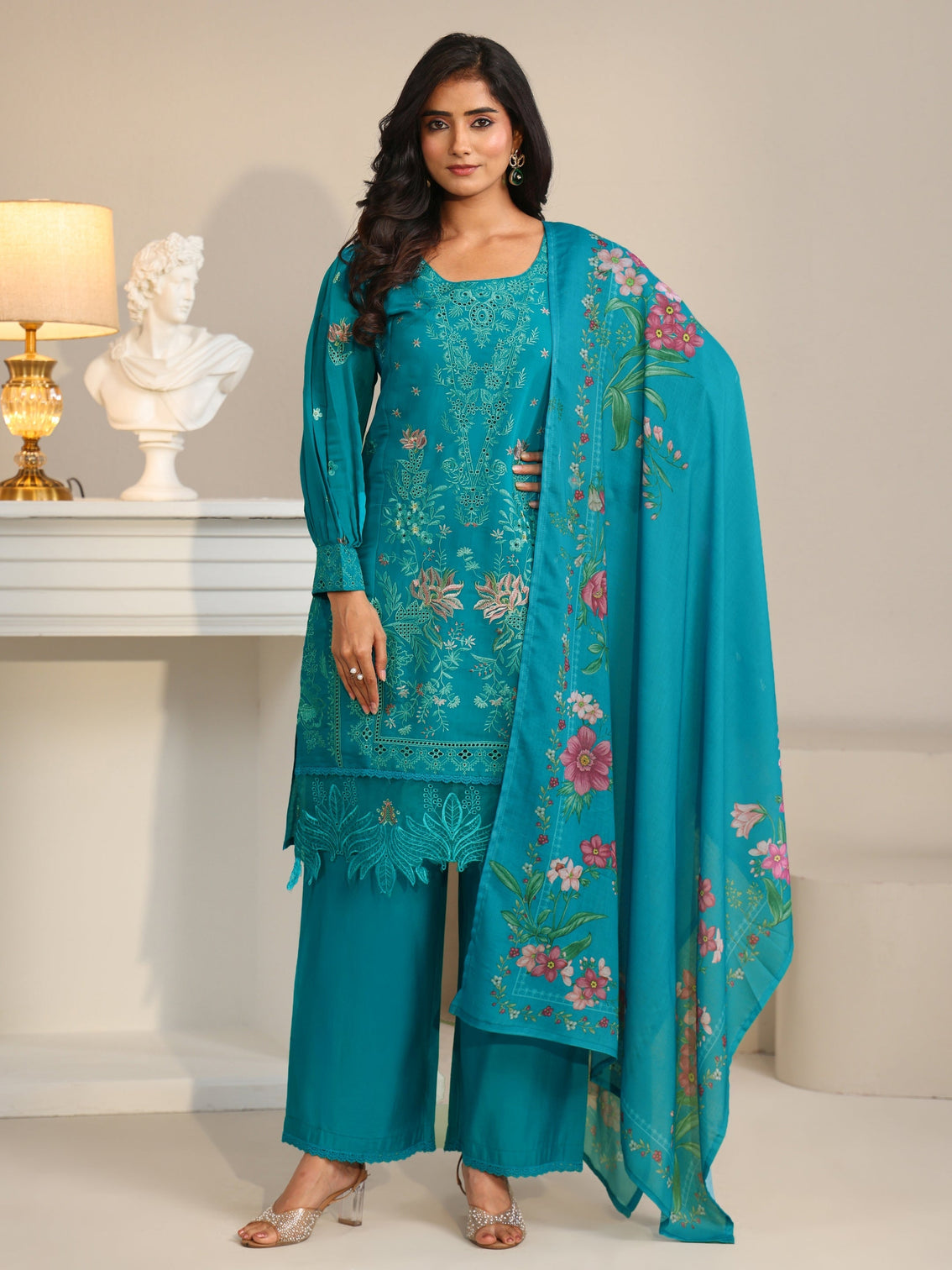 Mameraa Turquoise Blue Floral Embroidered Chanderi Cotton Straight Suit Set
