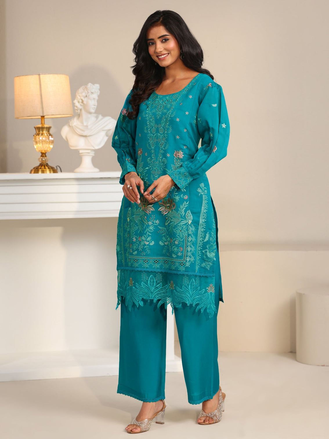 Mameraa Turquoise Blue Floral Embroidered Chanderi Cotton Straight Suit Set