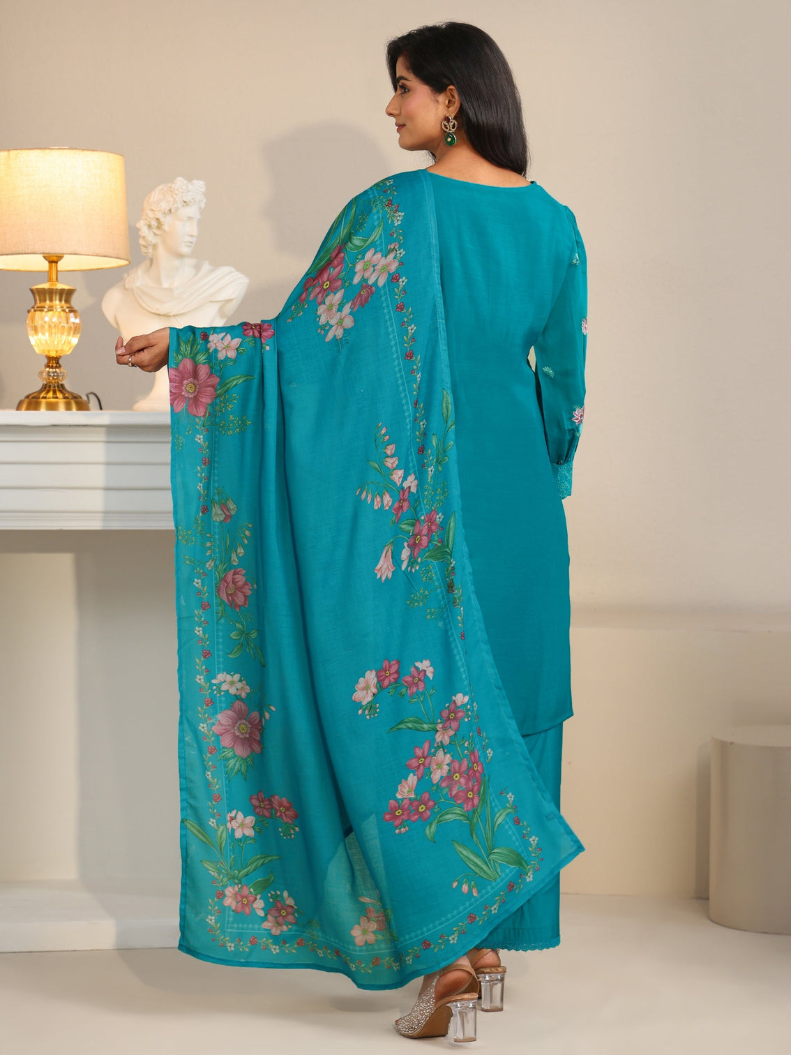 Mameraa Turquoise Blue Floral Embroidered Chanderi Cotton Straight Suit Set