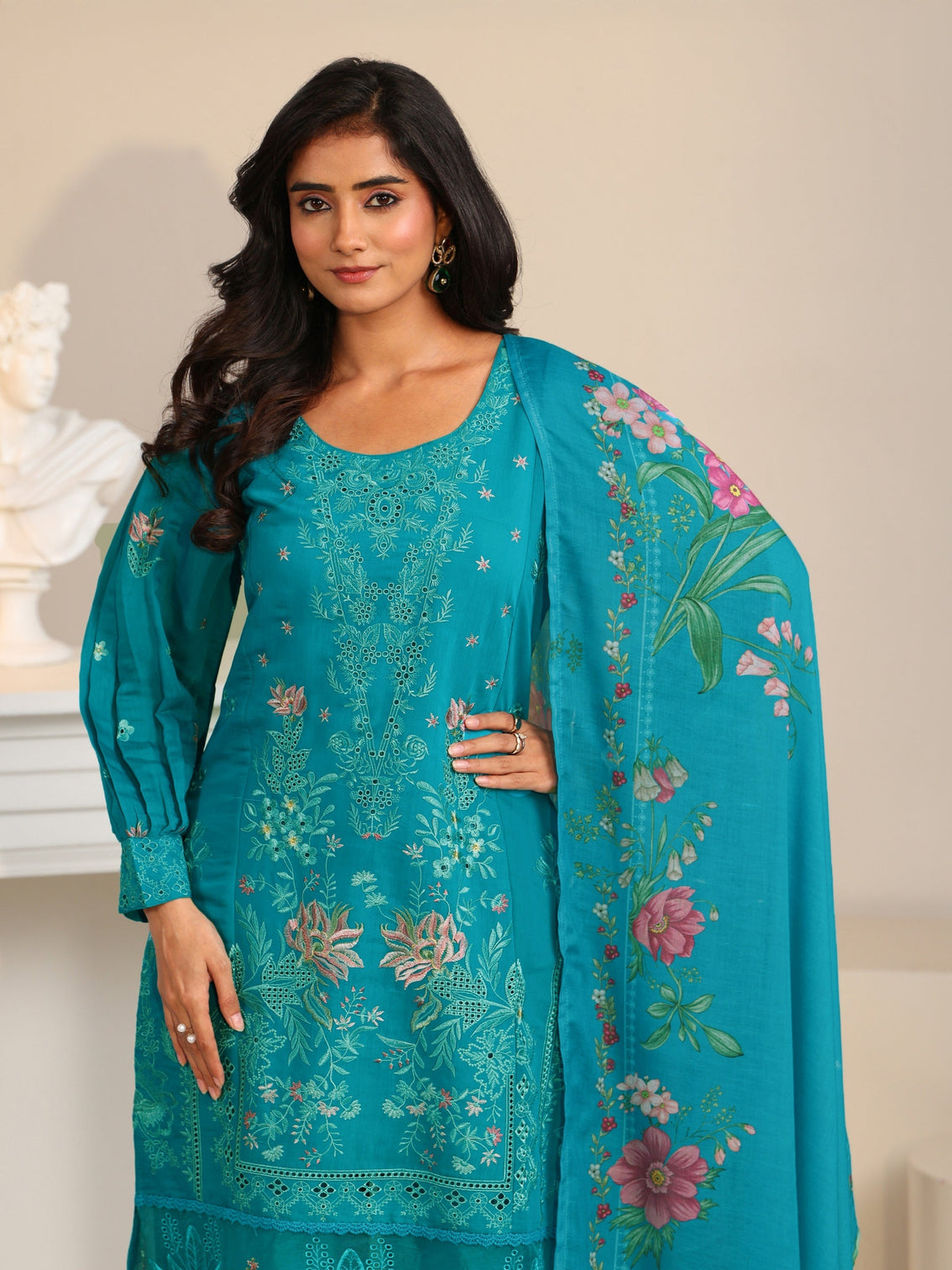 Mameraa Turquoise Blue Floral Embroidered Chanderi Cotton Straight Suit Set
