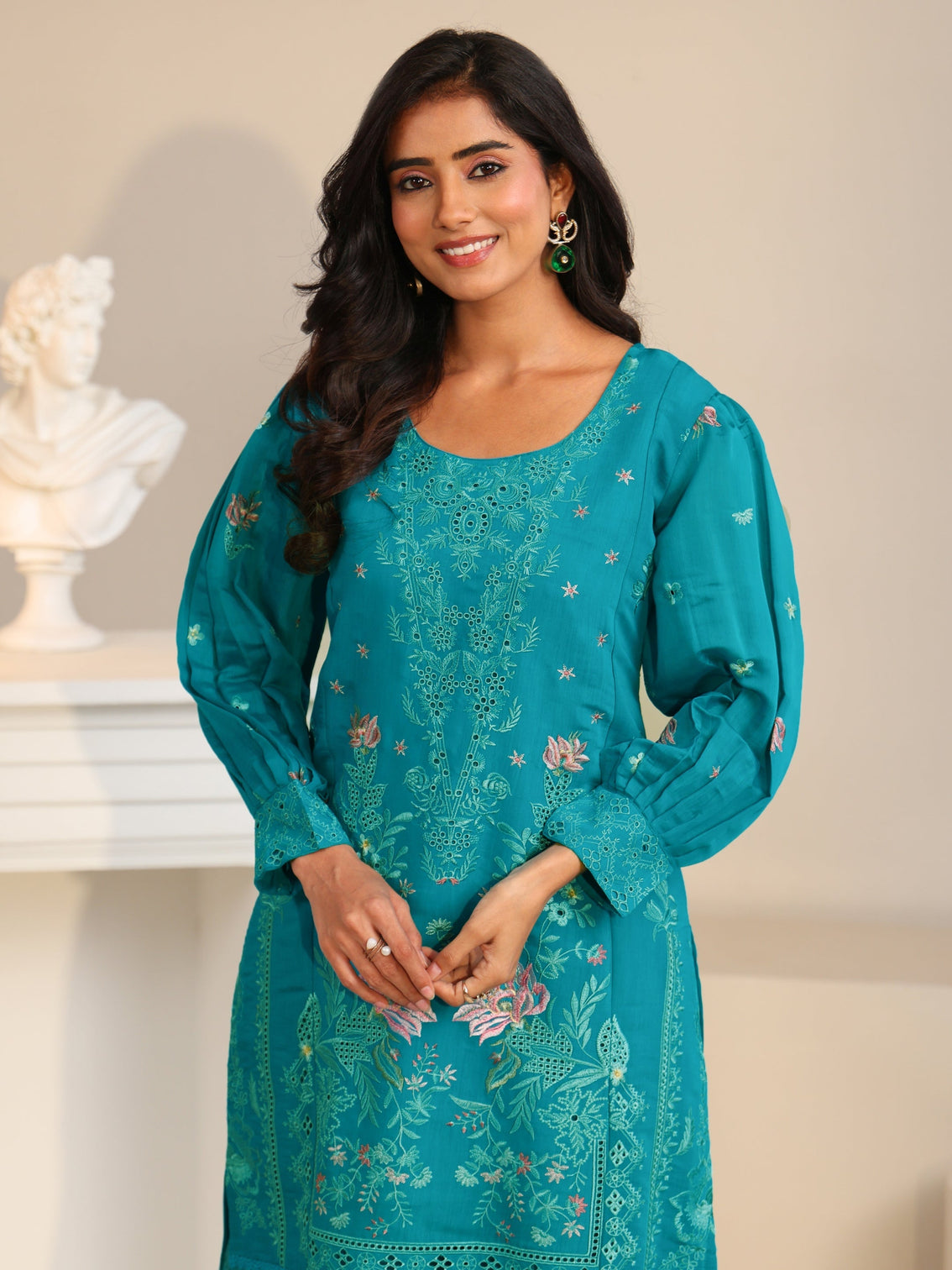 Mameraa Turquoise Blue Floral Embroidered Chanderi Cotton Straight Suit Set