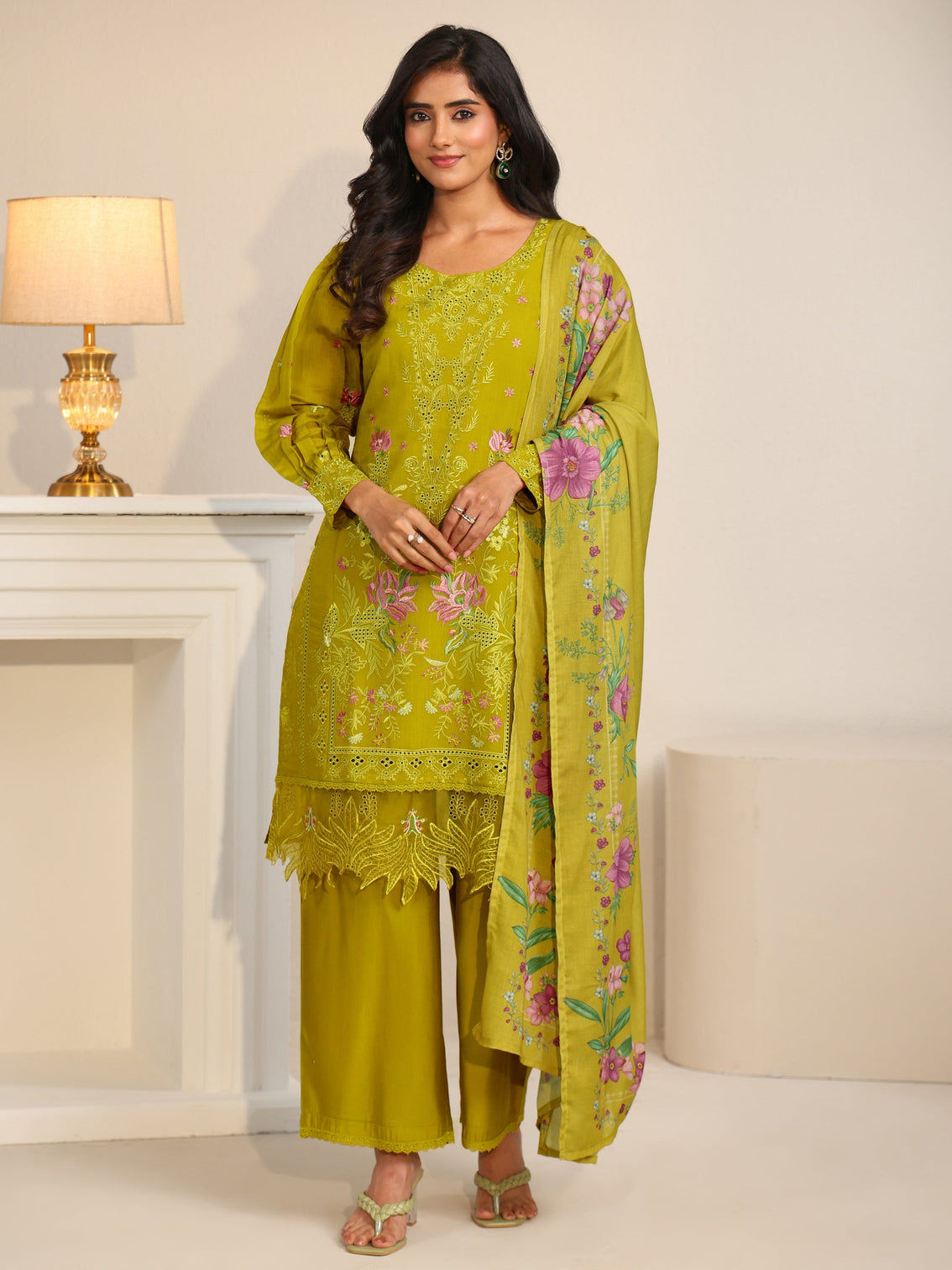 Mameraa Henna Green Floral Embroidered Chanderi Cotton Straight Suit Set