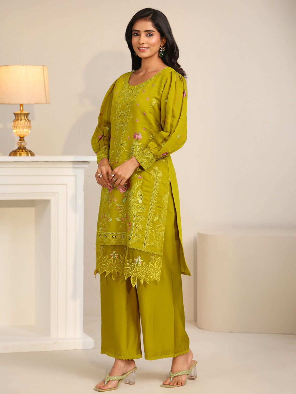 Mameraa Henna Green Floral Embroidered Chanderi Cotton Straight Suit Set