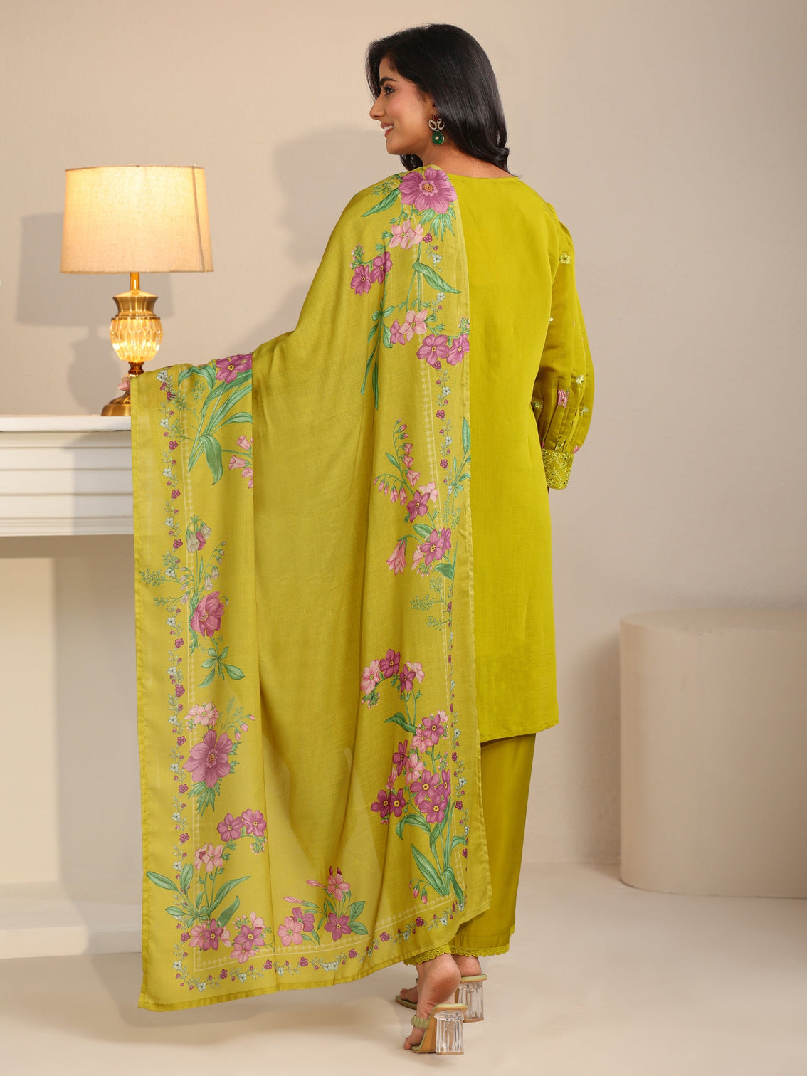 Mameraa Henna Green Floral Embroidered Chanderi Cotton Straight Suit Set