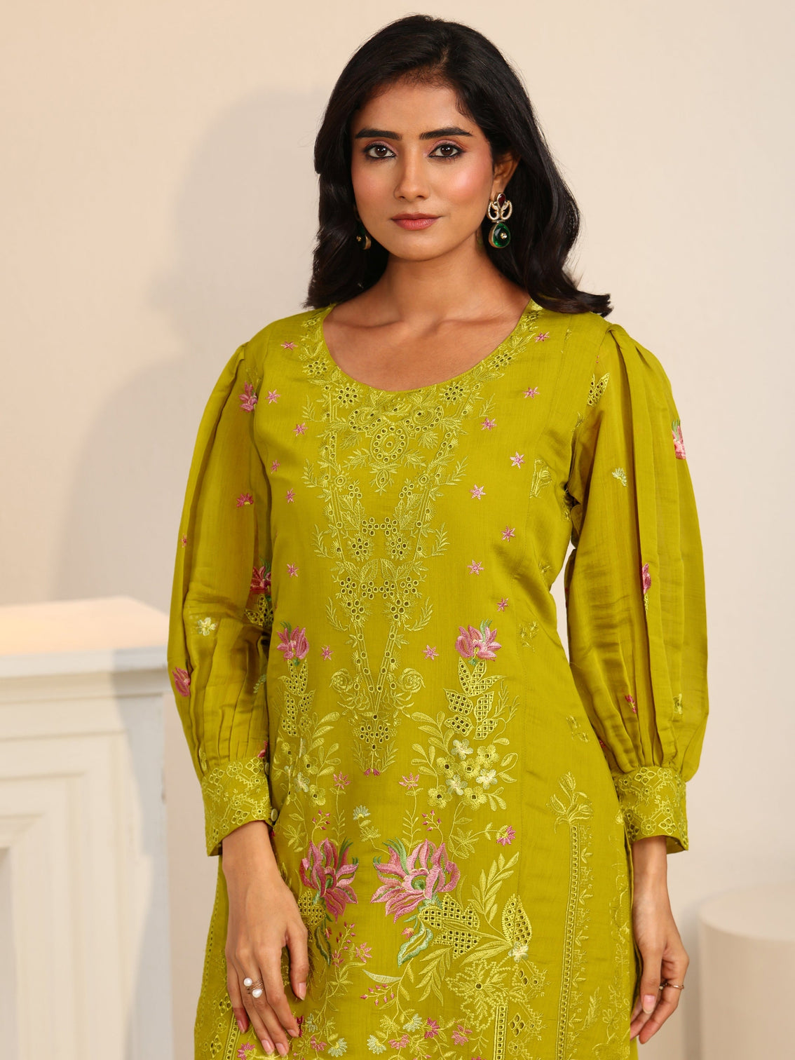 Mameraa Henna Green Floral Embroidered Chanderi Cotton Straight Suit Set