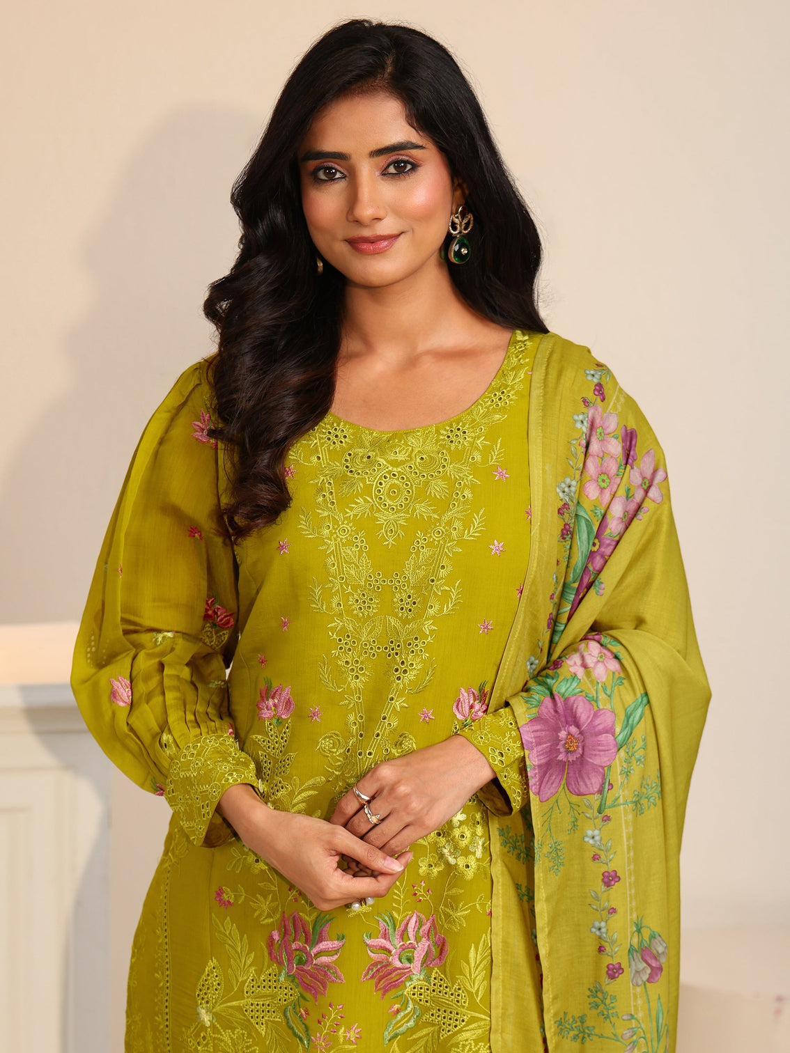 Mameraa Henna Green Floral Embroidered Chanderi Cotton Straight Suit Set