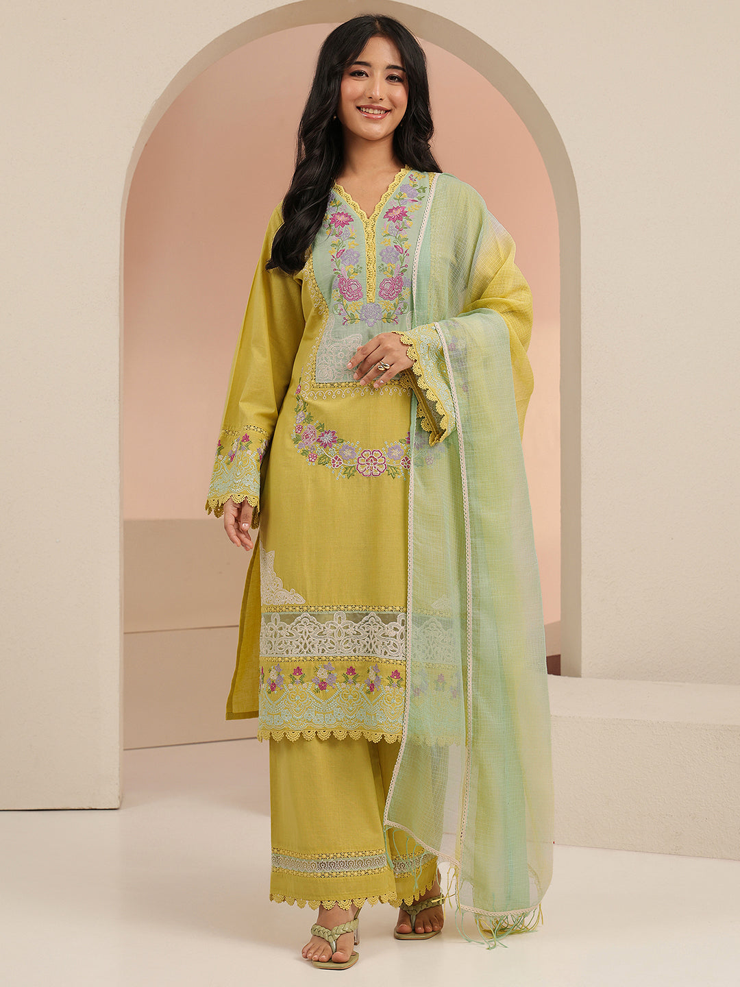 Mameraa Yellow Floral Embroidered Cotton Straight Suit Set
