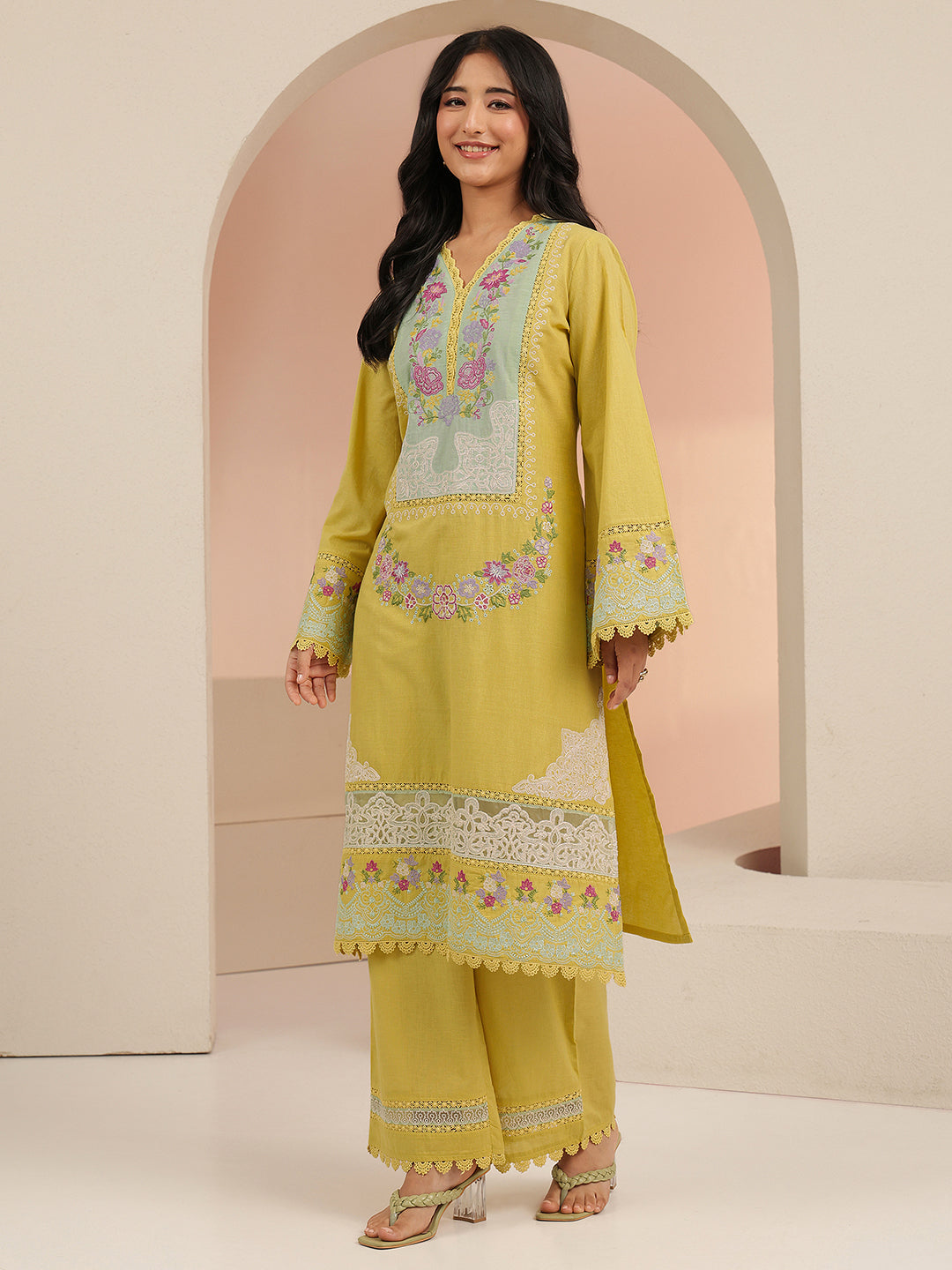 Mameraa Yellow Floral Embroidered Cotton Straight Suit Set