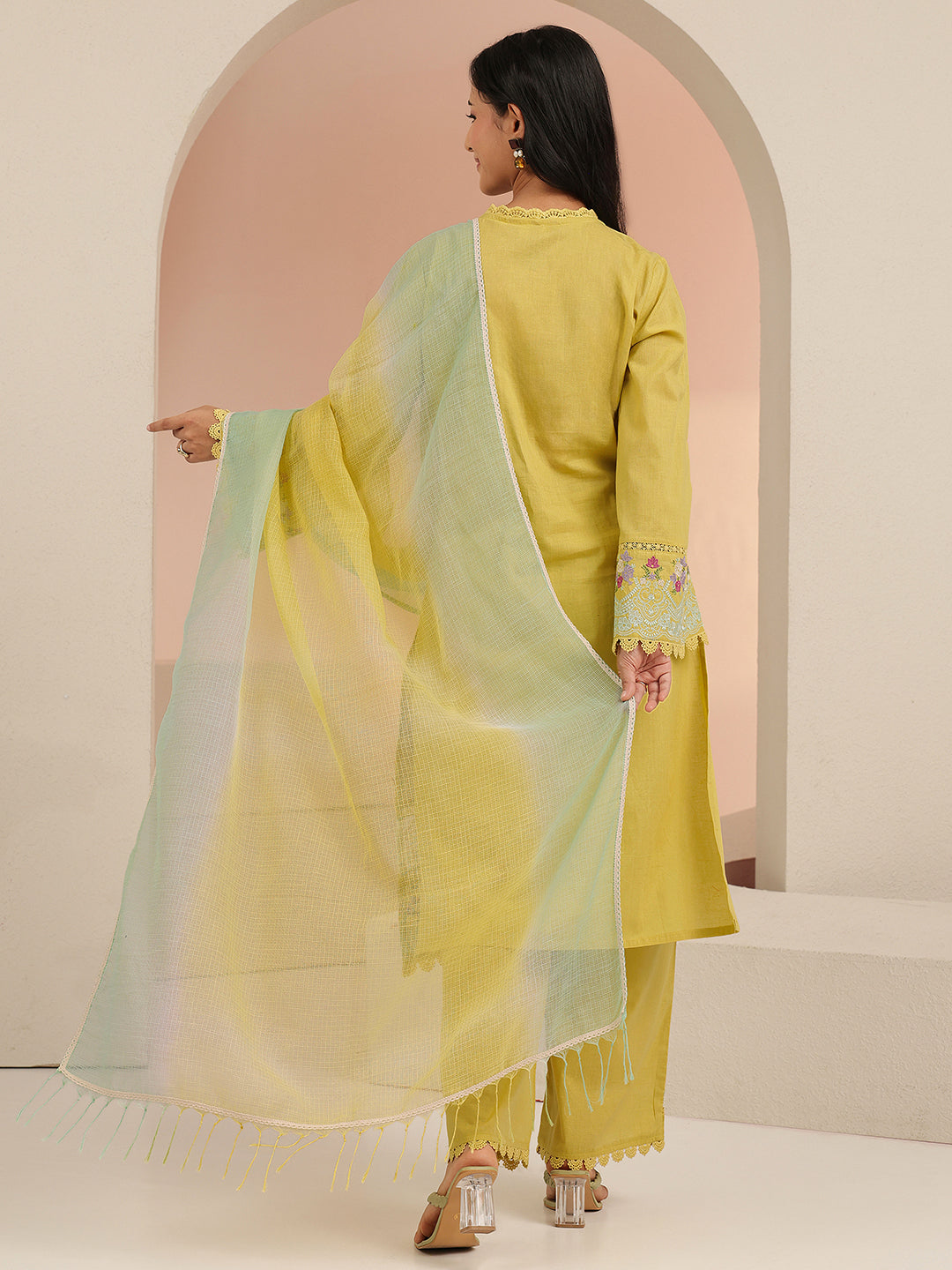 Mameraa Yellow Floral Embroidered Cotton Straight Suit Set
