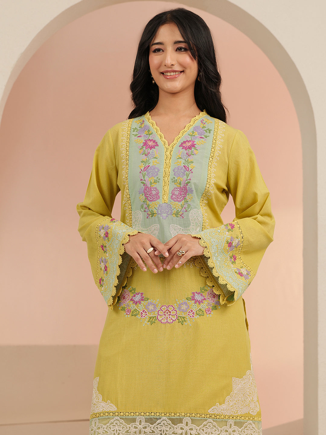 Mameraa Yellow Floral Embroidered Cotton Straight Suit Set