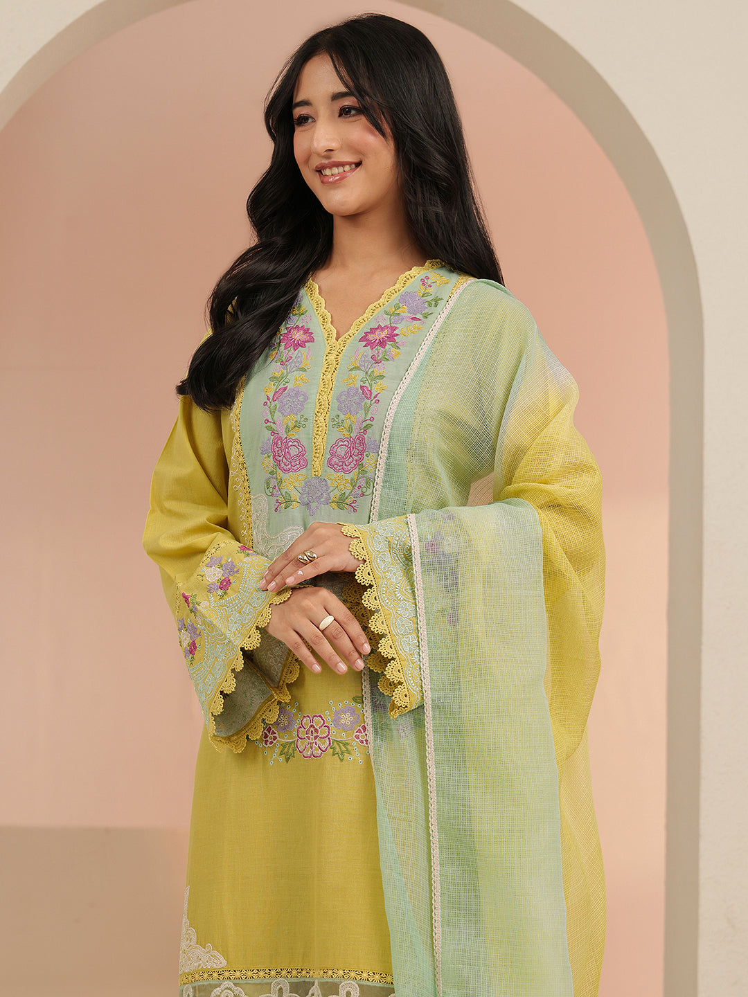 Mameraa Yellow Floral Embroidered Cotton Straight Suit Set