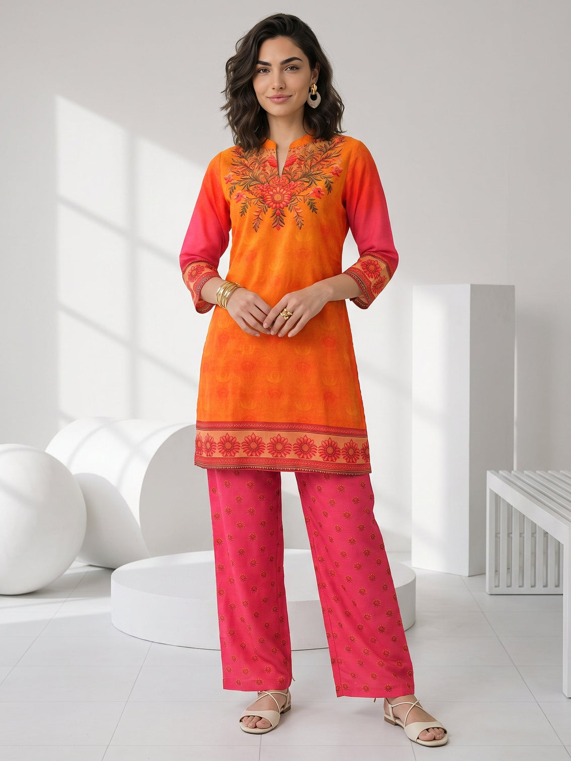 Mameraa Orange and Pink Printed Chiffon Straight Kurta Set