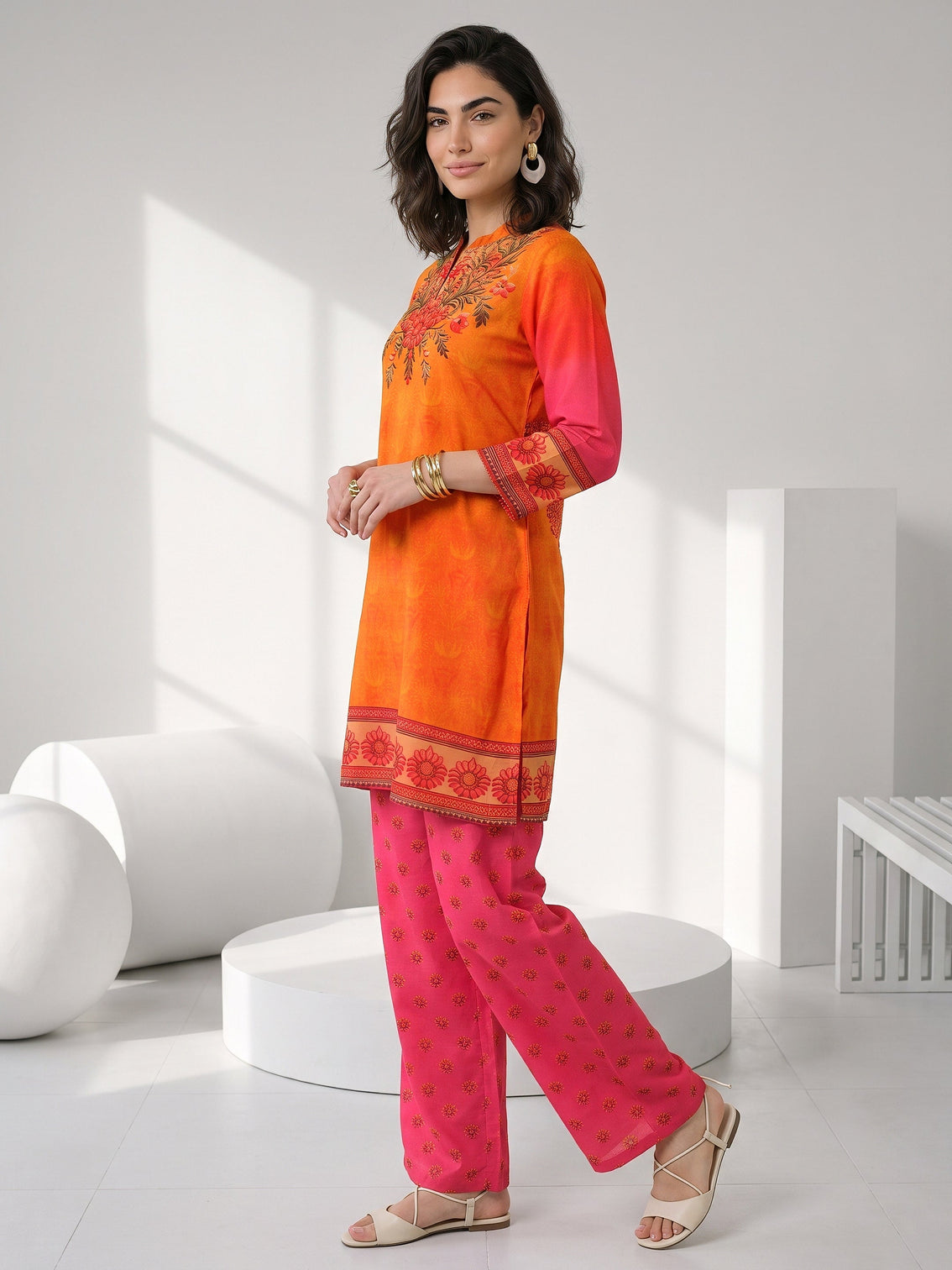 Mameraa Orange and Pink Printed Chiffon Straight Kurta Set