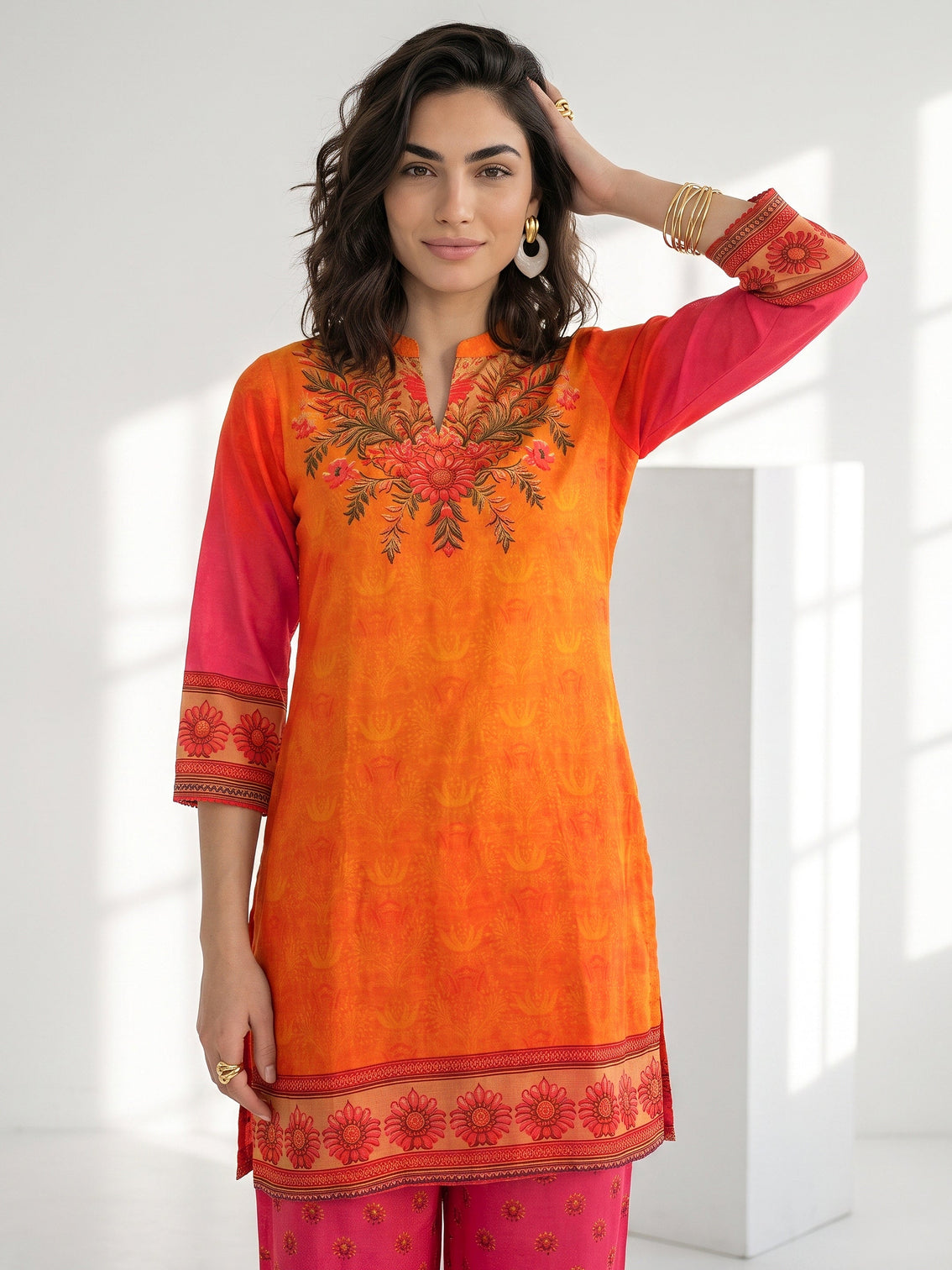Mameraa Orange and Pink Printed Chiffon Straight Kurta Set