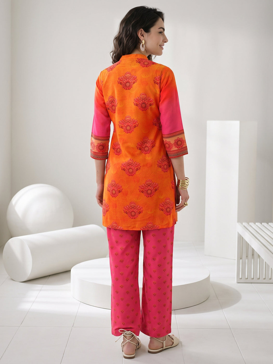 Mameraa Orange and Pink Printed Chiffon Straight Kurta Set