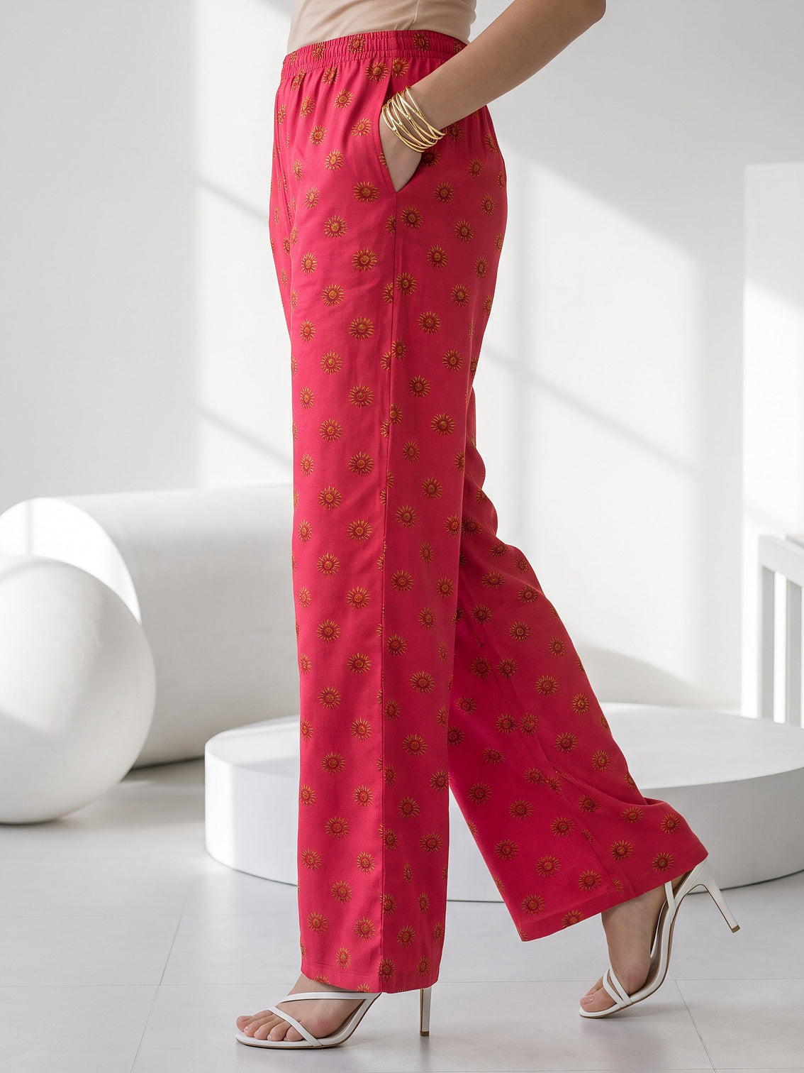 Mameraa Orange and Pink Printed Chiffon Straight Kurta Set
