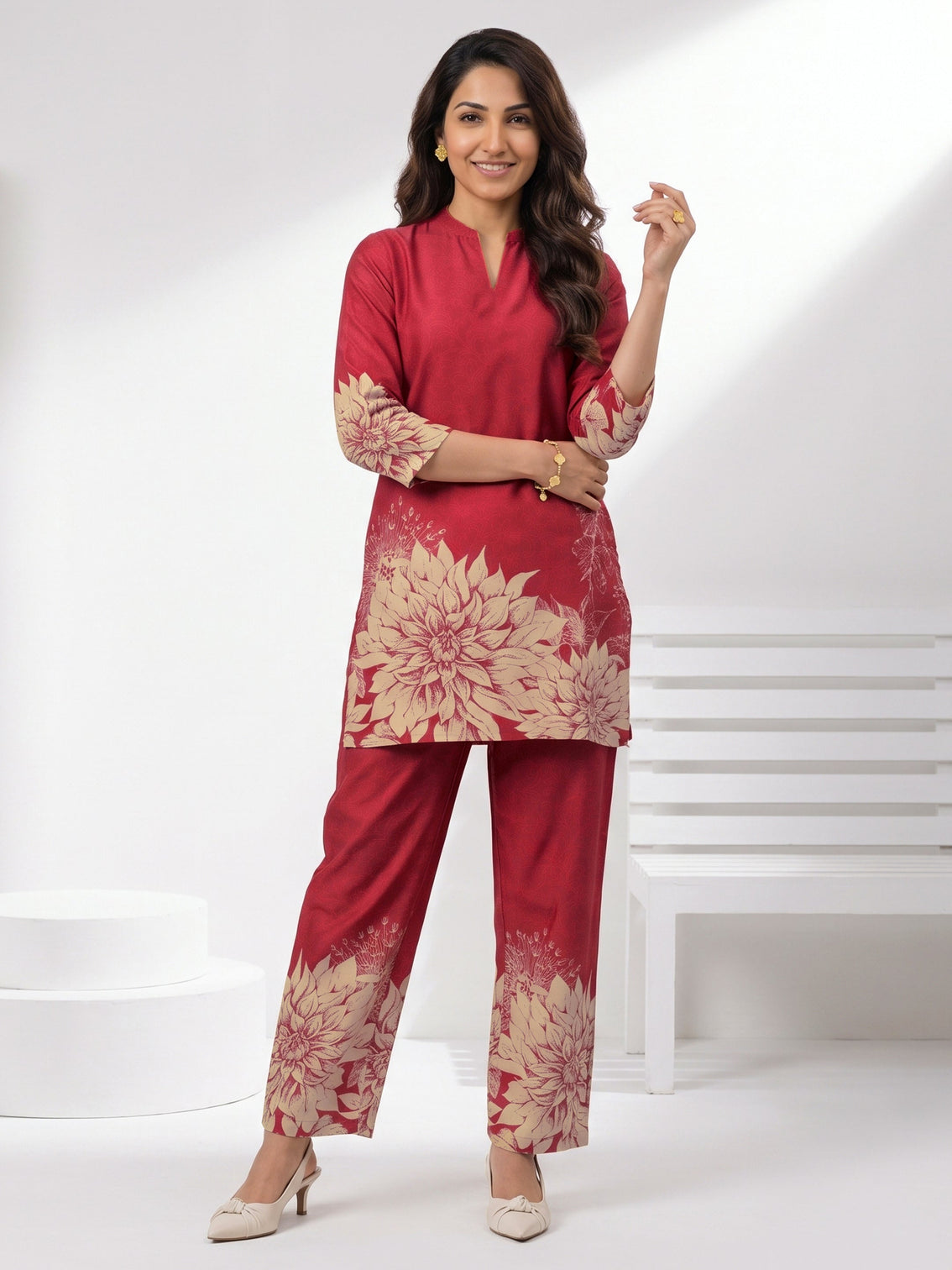 Mameraa Maroon Floral Printed Muslin Straight Kurta Set