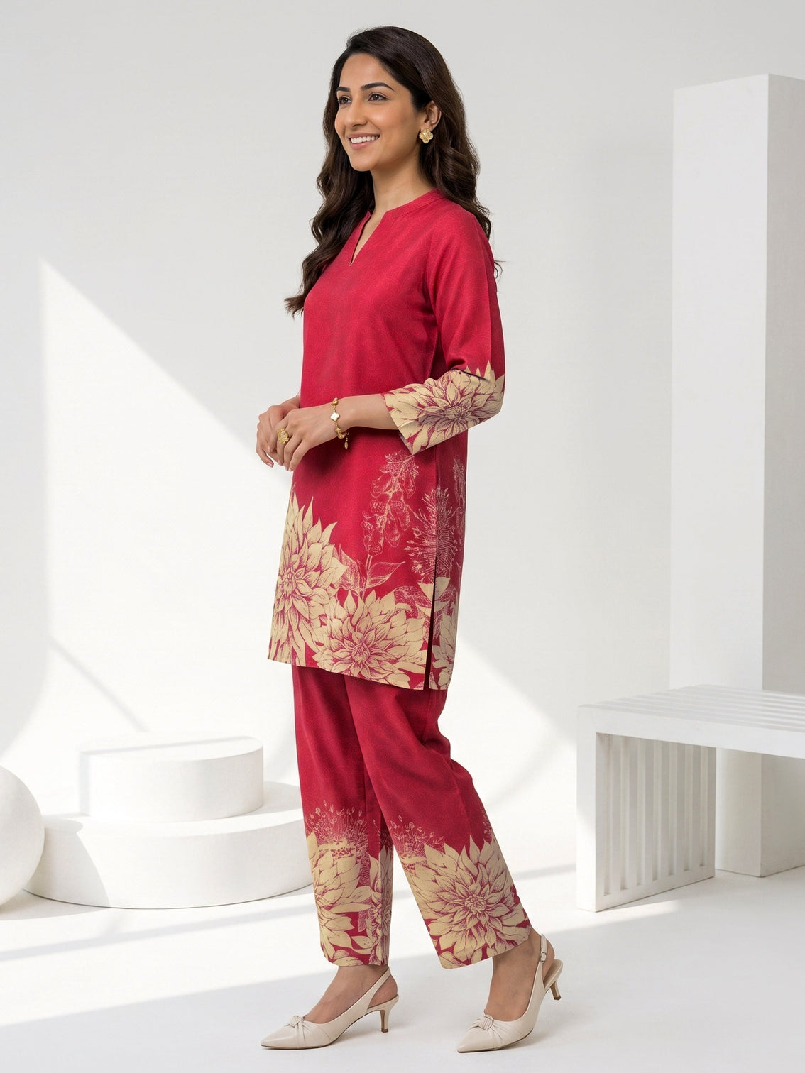 Mameraa Maroon Floral Printed Muslin Straight Kurta Set