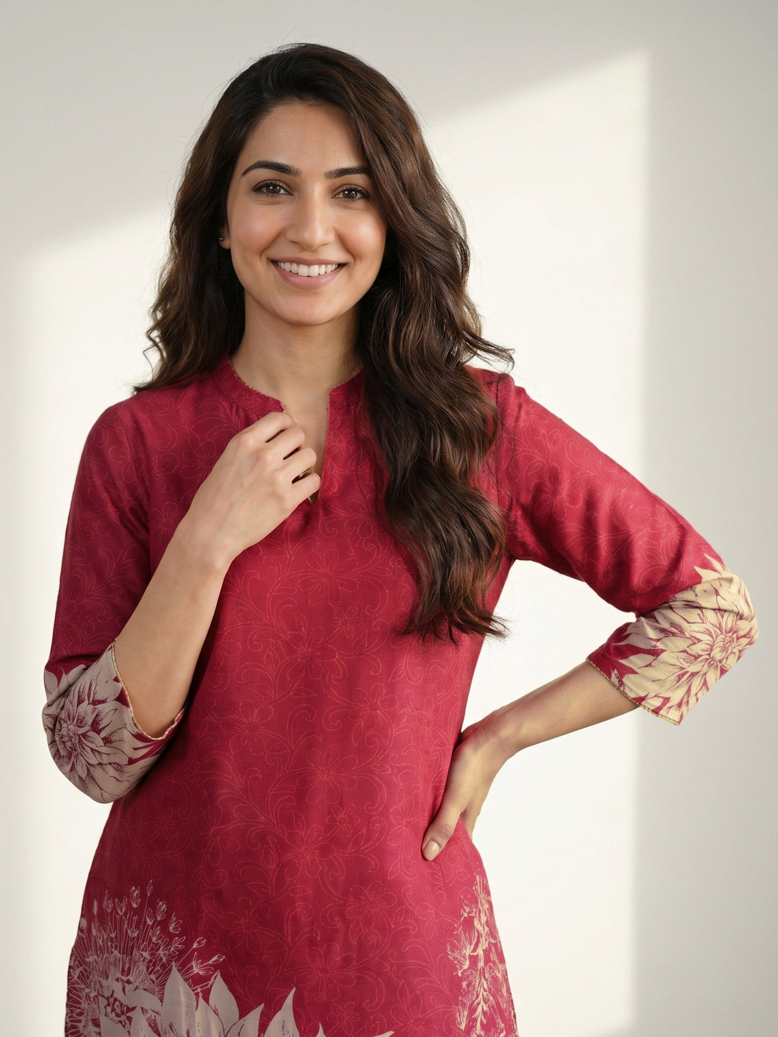 Mameraa Maroon Floral Printed Muslin Straight Kurta Set