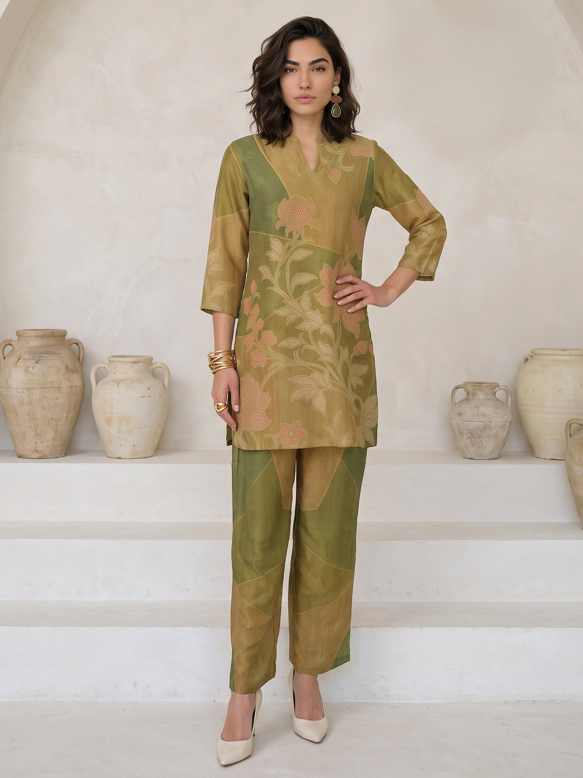 Mameraa Green Floral Printed Muslin Straight Kurta Set
