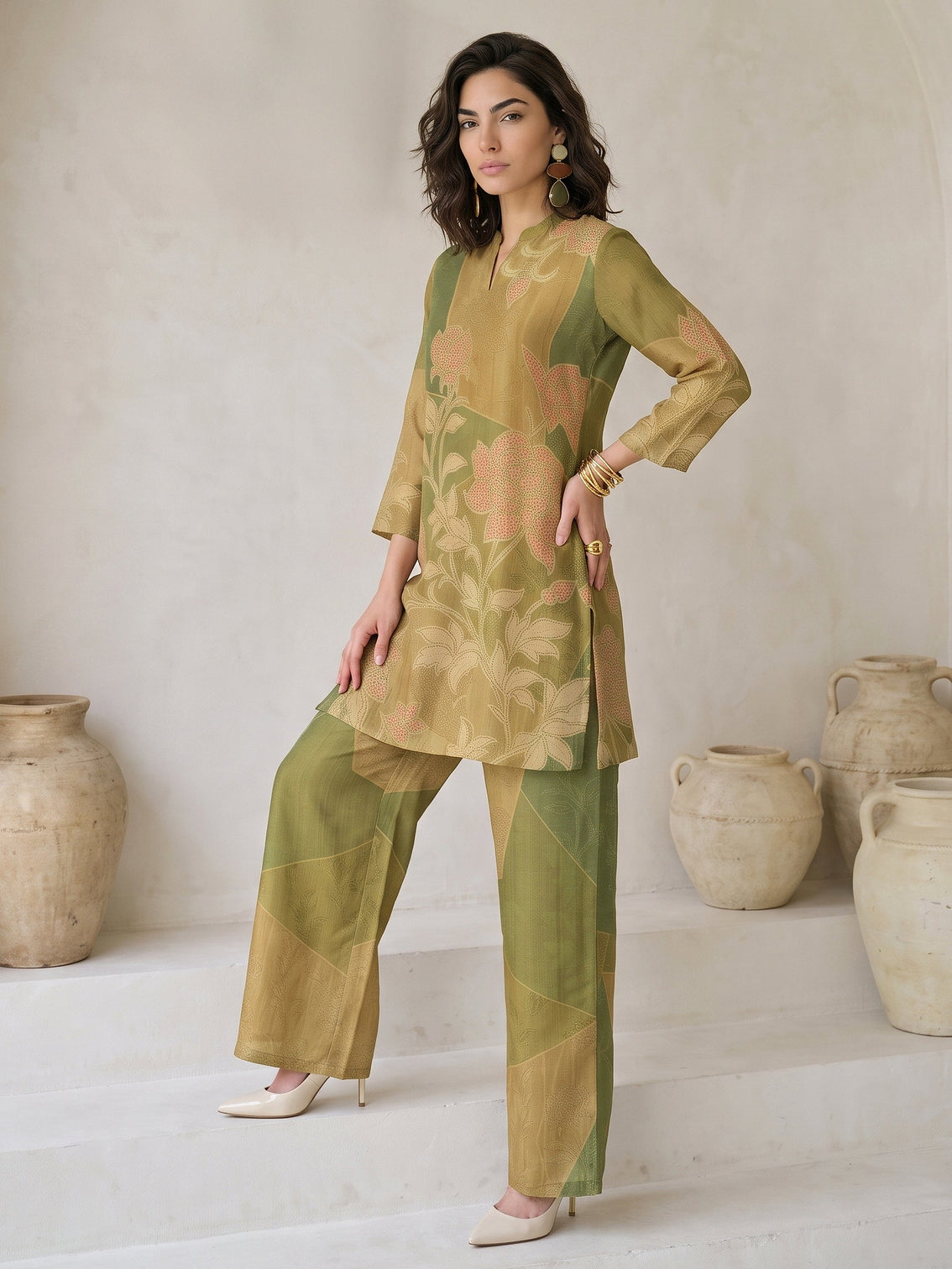 Mameraa Green Floral Printed Muslin Straight Kurta Set