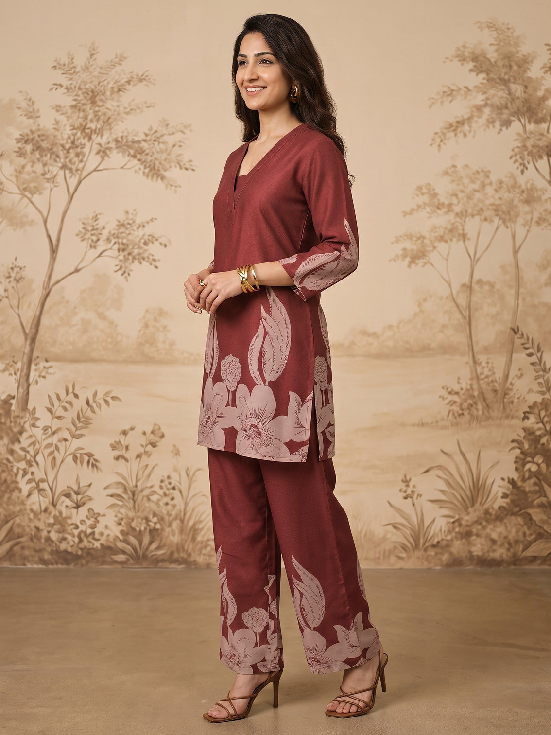 Mameraa Maroon Floral Printed Muslin Straight Kurta Set