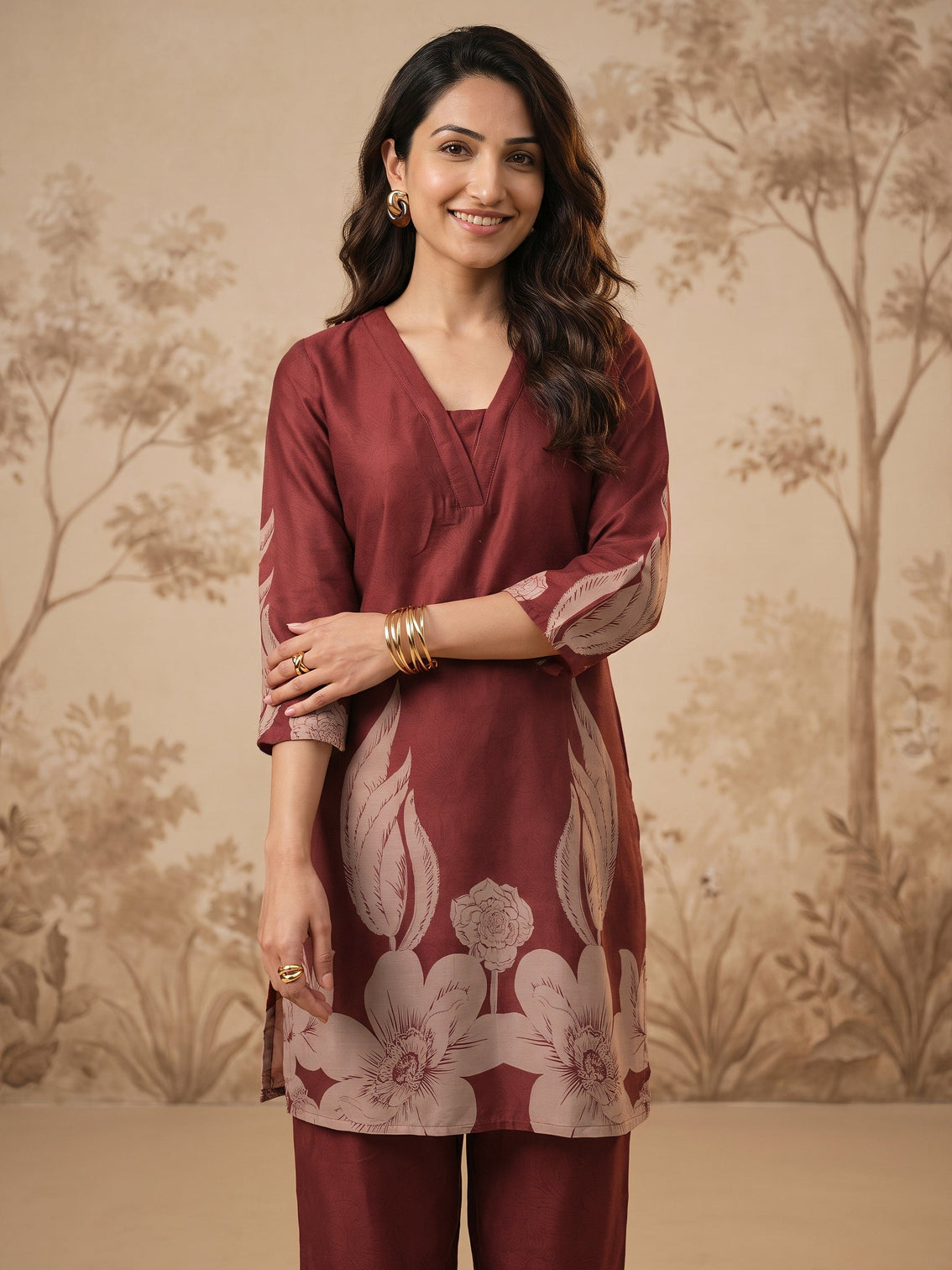 Mameraa Maroon Floral Printed Muslin Straight Kurta Set