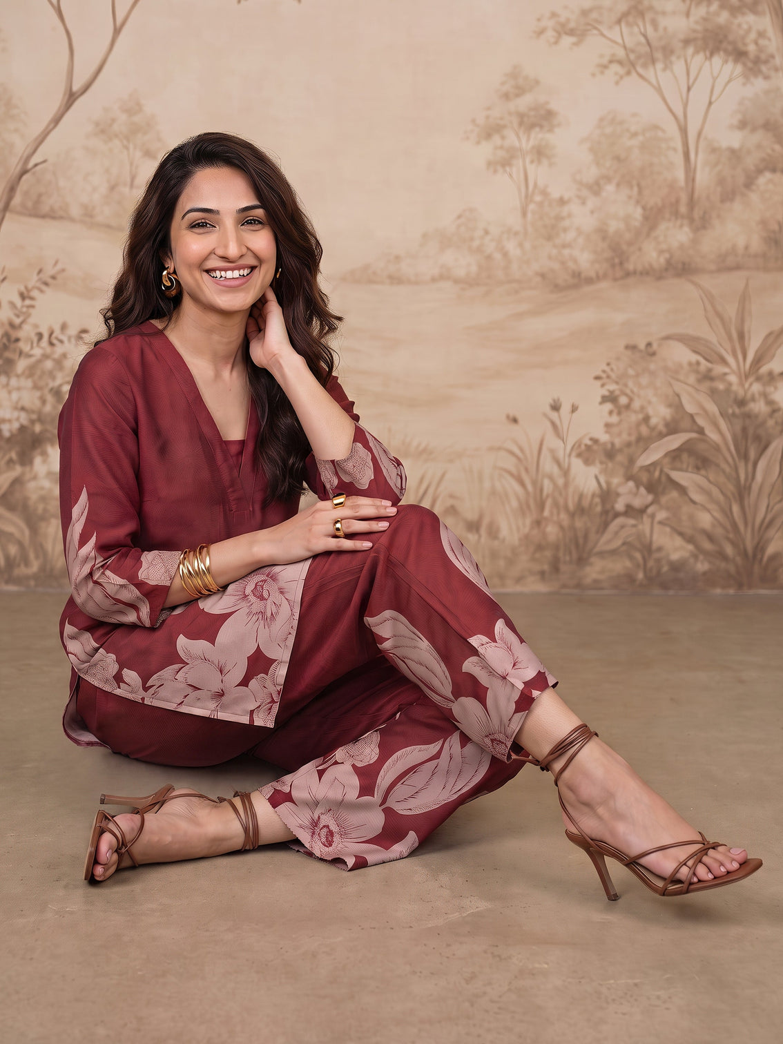 Mameraa Maroon Floral Printed Muslin Straight Kurta Set