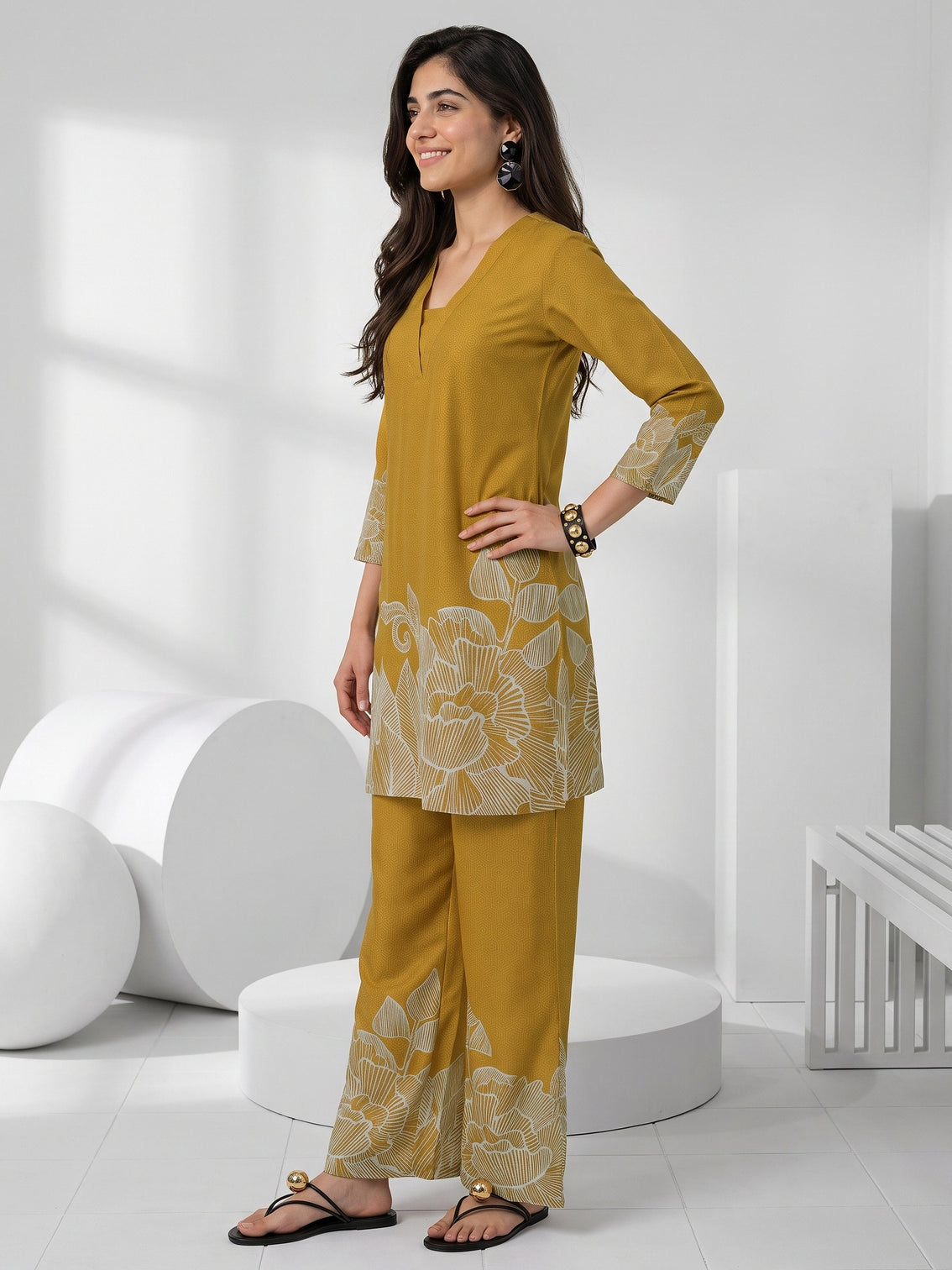 Mameraa Mustard Floral Printed Muslin Straight Kurta Set