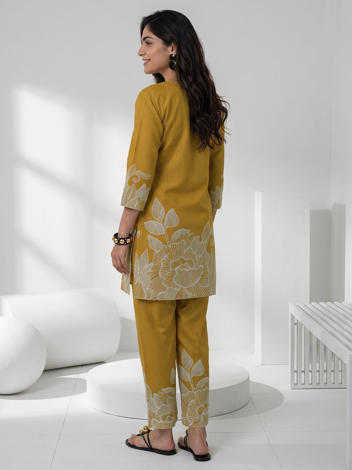 Mameraa Mustard Floral Printed Muslin Straight Kurta Set
