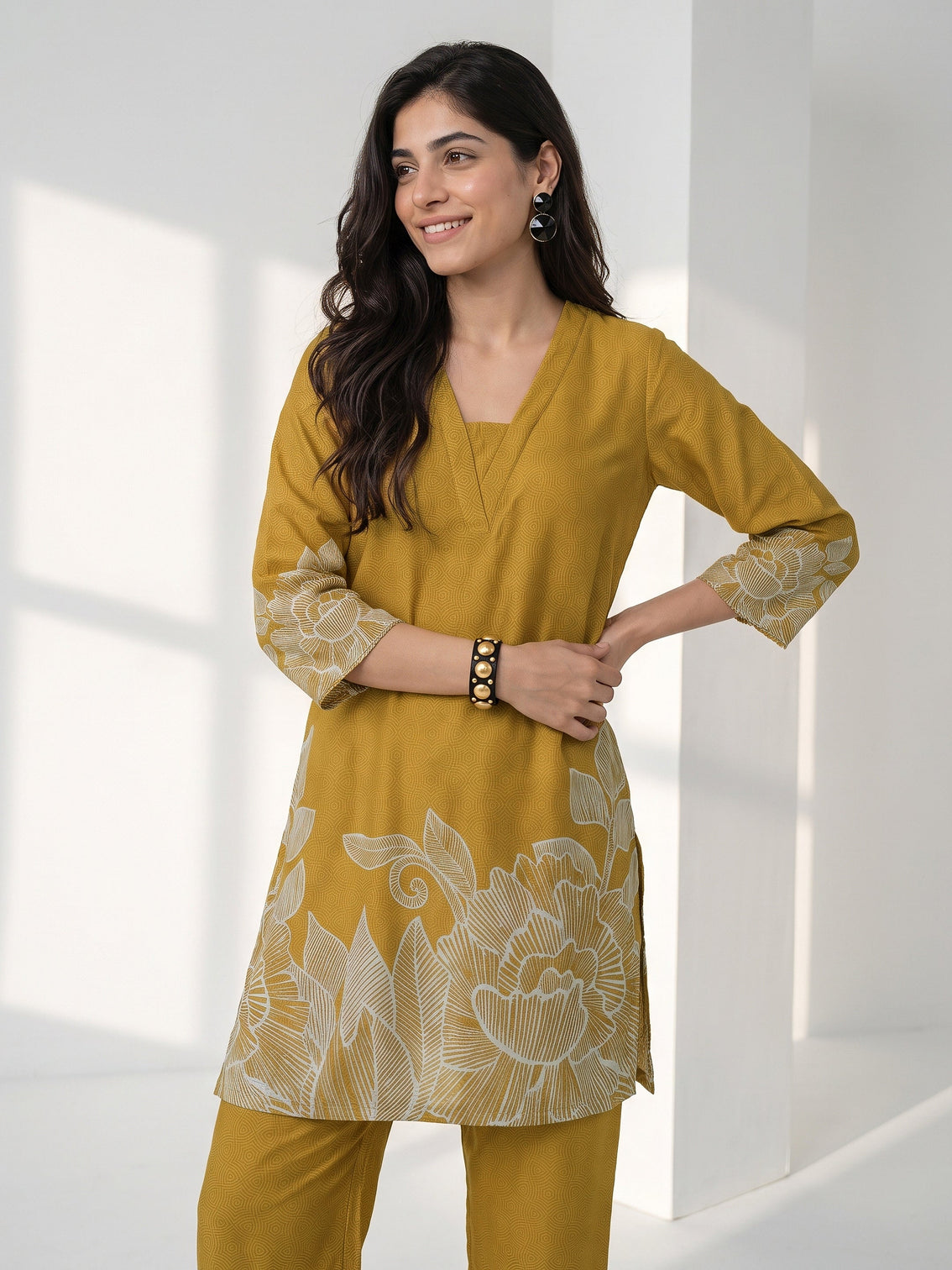 Mameraa Mustard Floral Printed Muslin Straight Kurta Set