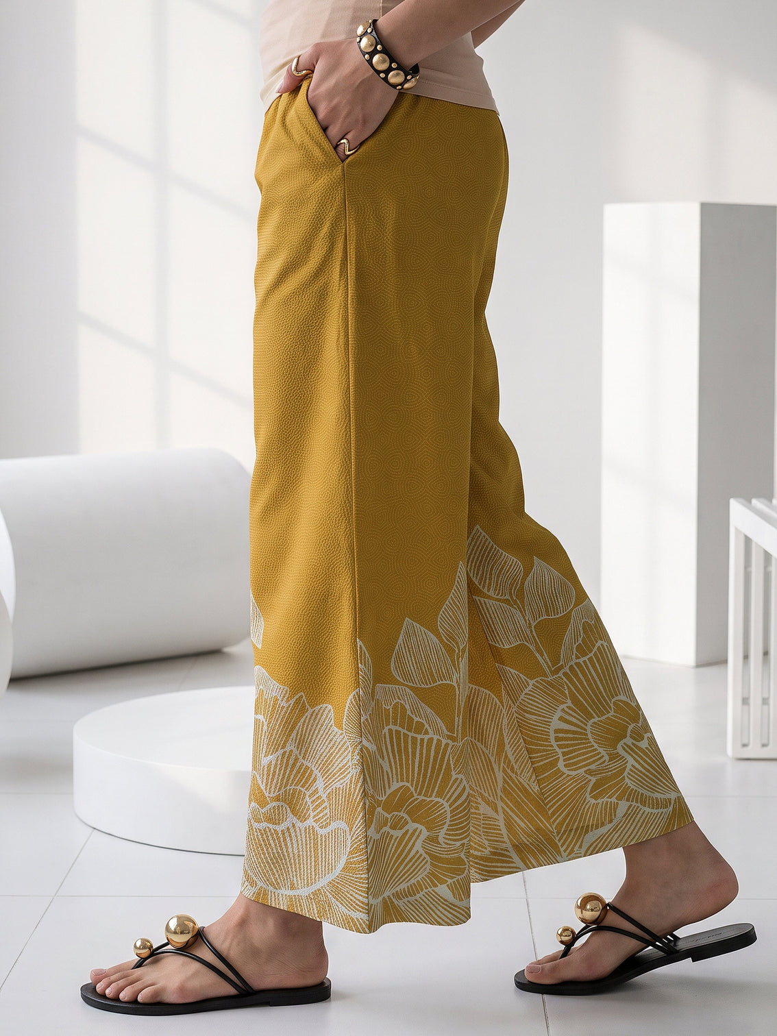 Mameraa Mustard Floral Printed Muslin Straight Kurta Set
