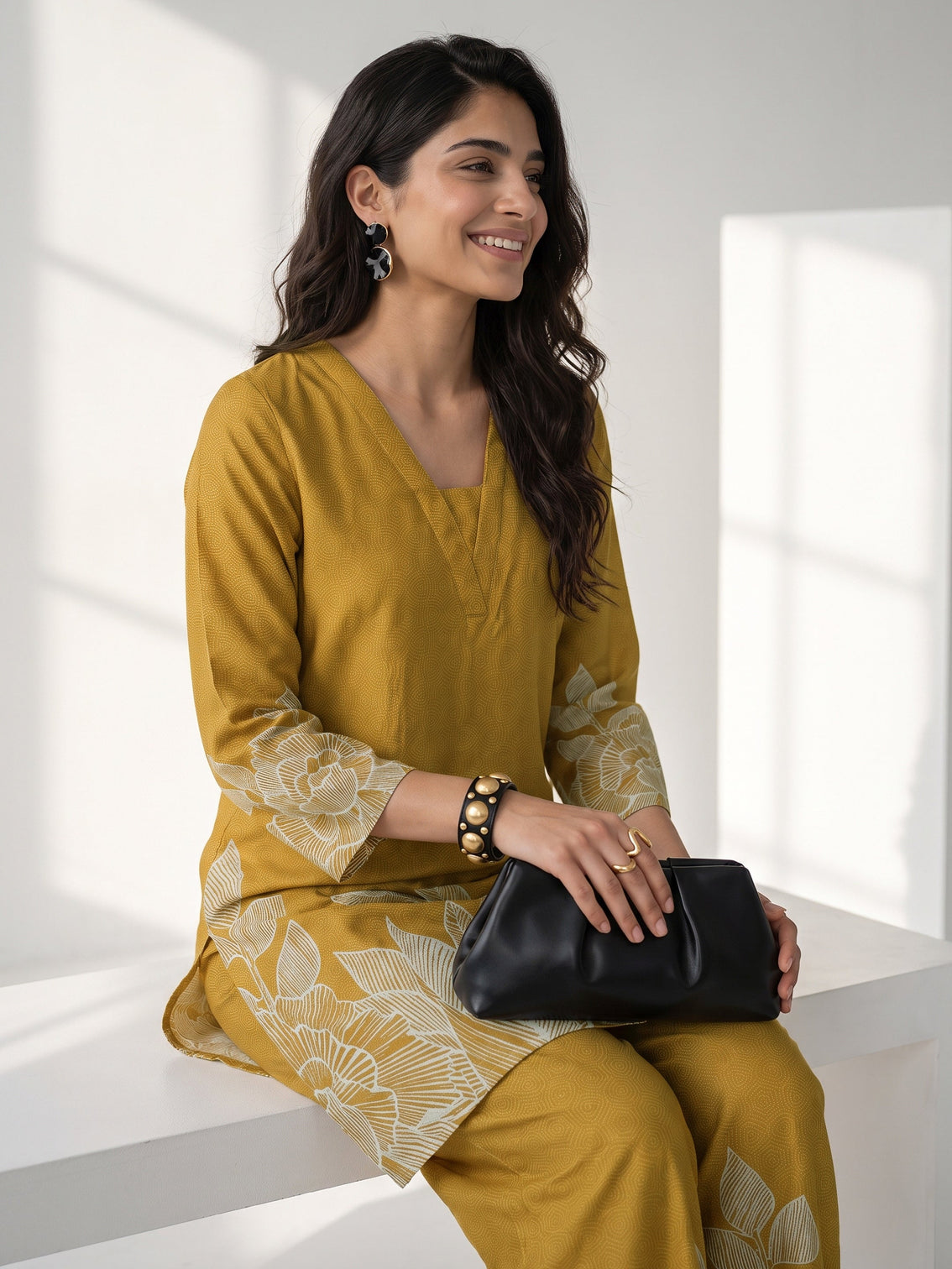 Mameraa Mustard Floral Printed Muslin Straight Kurta Set