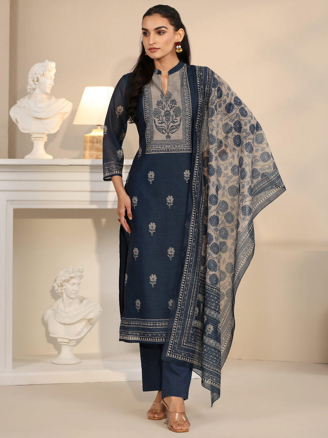 Mameraa Navy Blue Printed Yoke Chanderi Silk Straight Suit Set